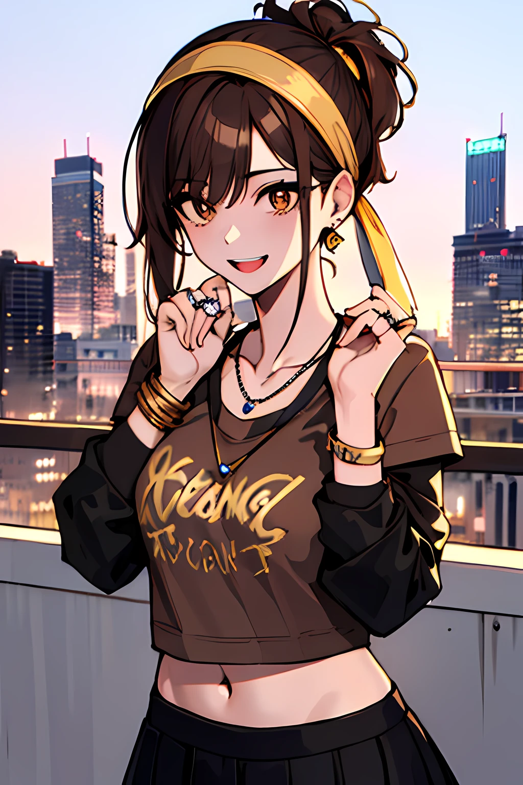 (masterpiece), best quality, expressive eyes, highres, perfect eyes, perfect face, perfect hands, 1girl, genie, zodiac, shirt over 1 shoulder, Brown bikini, long sleeves, necklace, long Brown Hair, city background, headband, Brown eyes, Brown skirt, small bust, rings, bracelets, charismatic, crazy face, crazy eyes, crazy smile, perfect anatomy, half body, l1girl, solo, brown shirt, gold letters, graphic t-shirt, bracelets, rings, necklace, jewelry, arm sleeves, fingerless gloves, manipulative, gaslighting, friendly