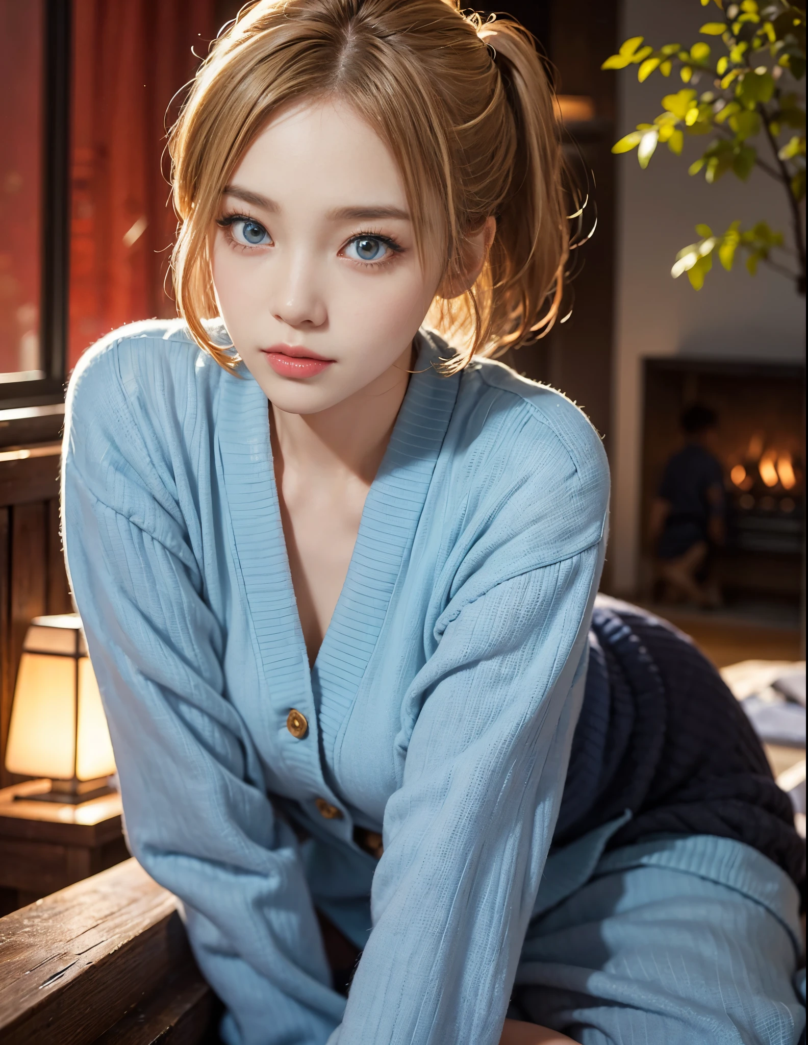 About 20 years old、Japan women、Beautiful woman、Blonde Straight Shorthair、Beautiful hair、A detailed face、Detailed eyes、A detailed face、Detailed skin、realskin、((pajamas、Canadian pattern long cardigan))、autumn hospital、Hospital garden、Big ginkgo tree、((Light blue eyes))