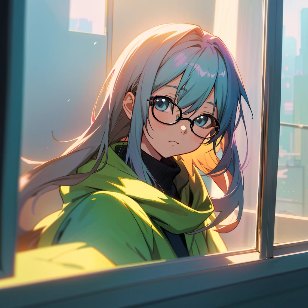 Anime girl wearing glasses looking out the window at the city, Digital anime illustration, smooth anime cg art, Guviz-style artwork, Realistic anime art style, A beautiful anime portrait, anime style portrait, Anime 2D style, praise'Portrait outside the window, digital anime art, girl fan art, Anime cute art style, Xinhai sincerely. a digital rendering