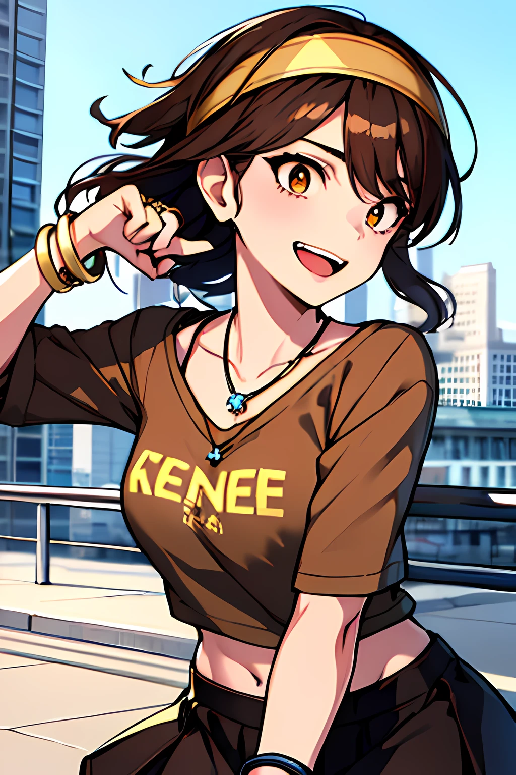 (masterpiece), best quality, expressive eyes, highres, perfect eyes, perfect face, perfect hands, 1girl, genie, zodiac, shirt over 1 shoulder, Brown bikini, long sleeves, necklace, long Brown Hair, city background, headband, Brown eyes, Brown skirt, small bust, rings, bracelets, charismatic, crazy face, crazy eyes, crazy smile, perfect anatomy, half body, l1girl, solo, brown shirt, gold letters, graphic t-shirt, bracelets, rings, necklace, jewelry, arm sleeves, fingerless gloves, manipulative, gaslighting, friendly