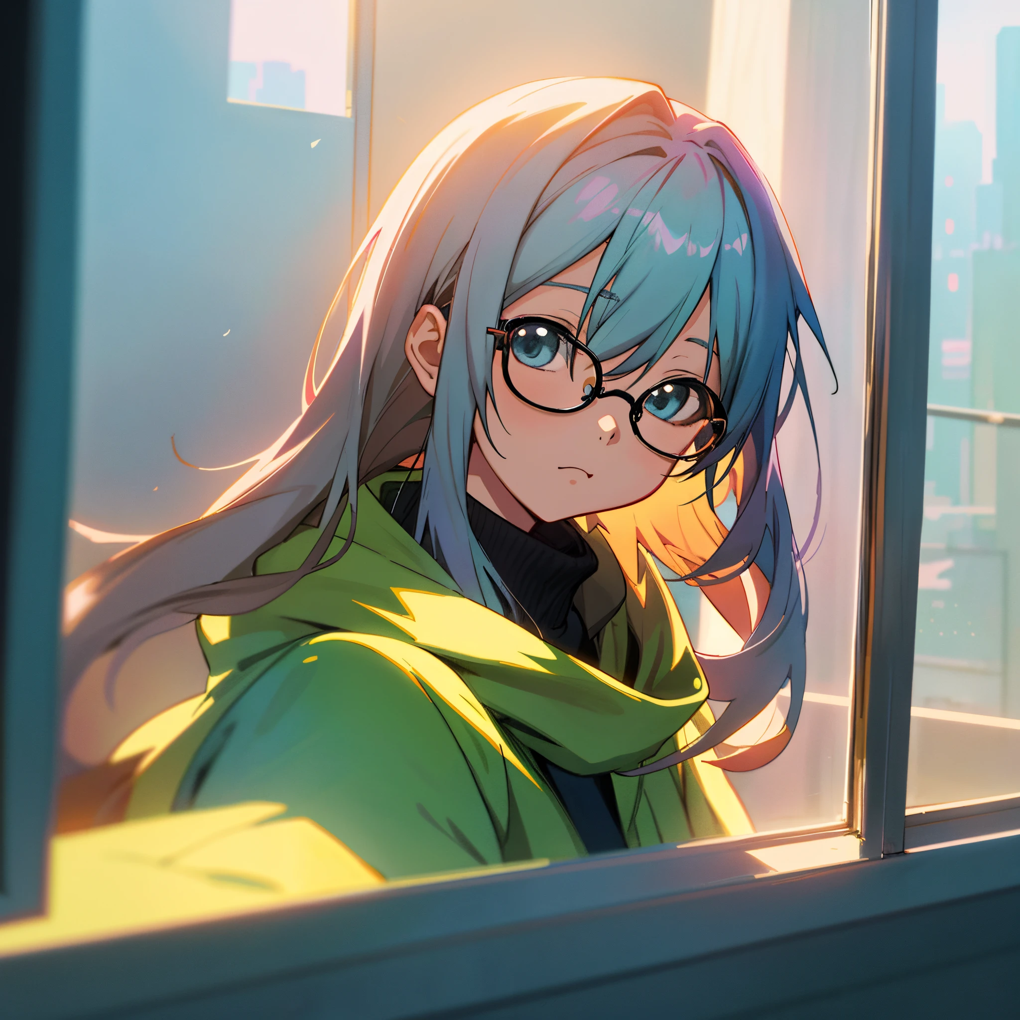 Anime girl wearing glasses looking out the window at the city, Digital anime illustration, smooth anime cg art, Guviz-style artwork, Realistic anime art style, A beautiful anime portrait, anime style portrait, Anime 2D style, praise'Portrait outside the window, digital anime art, girl fan art, Anime cute art style, Xinhai sincerely. a digital rendering