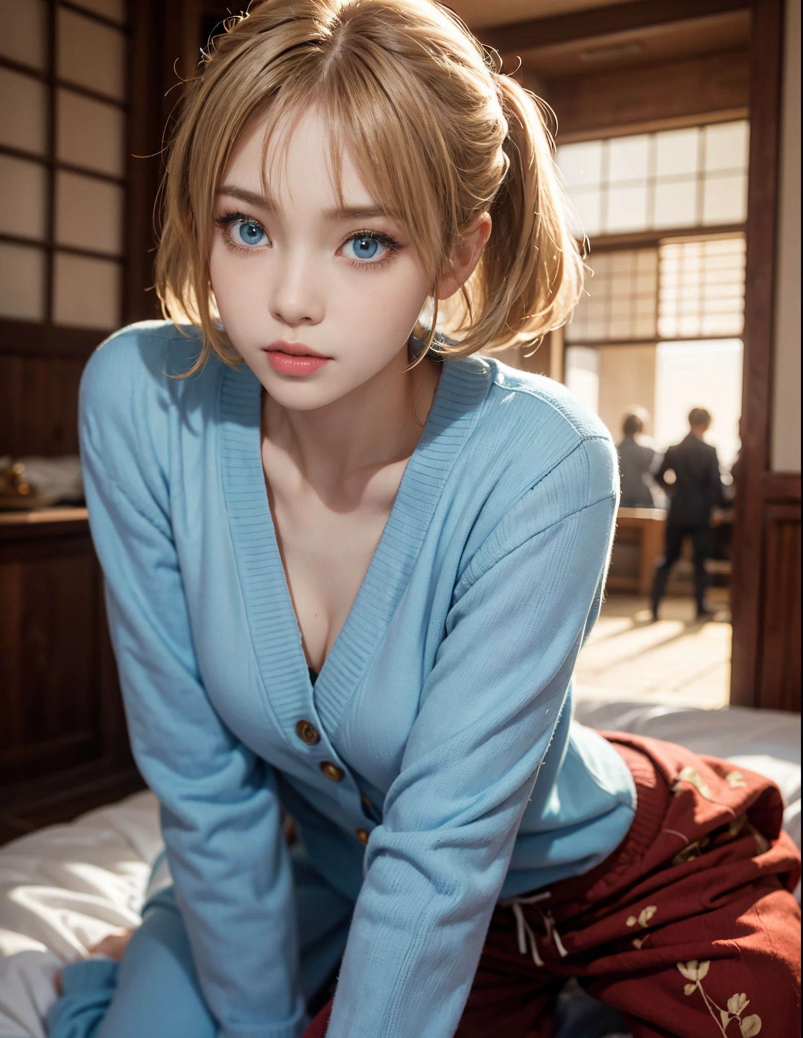 About 20 years old、Japan women、Beautiful woman、Blonde Straight Shorthair、Beautiful hair、A detailed face、Detailed eyes、A detailed face、Detailed skin、realskin、((pajamas、Canadian pattern long cardigan))、autumn hospital、Hospital garden、Big ginkgo tree、((Light blue eyes))