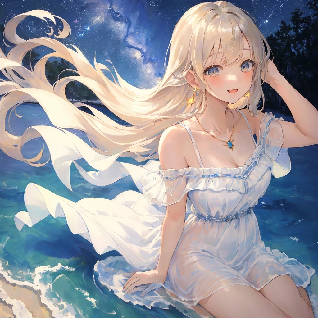 happy,(((masterpiece))),best quality,white Sheer sundress,Beach,((night sky)),wariza,from above,(beautiful detailed girl),earrings,long hair,swept bangs,blond hair, (1 girl),hand in own hair,platinum necklace,looking up