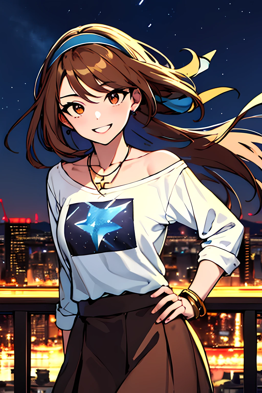 (masterpiece), best quality, expressive eyes, highres, perfect eyes, perfect face, perfect hands, 1girl, genie, zodiac, shirt over 1 shoulder, long sleeves, necklace, long Brown Hair, city background, headband, Brown eyes, Brown skirt, small bust, charismatic, crazy face, crazy eyes, crazy smile, perfect anatomy, half body, 1girl, solo, blue shirt, gold letters, graphic t-shirt, bracelets, necklace, jewelry, arm sleeves, manipulative, gaslighting, friendly, hands behind back, smile, happy, expressive, loose clothing, flowing clothing, gold accents, stars, night sky, skyline, flowing, wind, windy, standing, excited, hippie, hand on head, hand on hip, smiling,