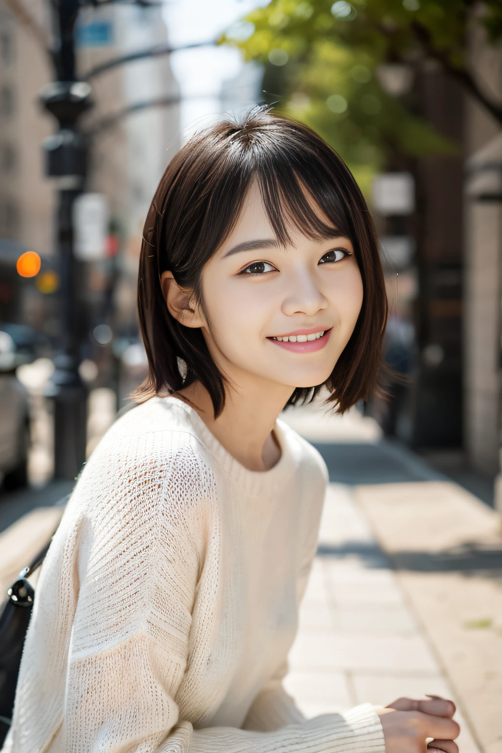 Smiling Asian woman wearing a white sweater, With short hair, lee ji - eun, lee ji-eun, chiho, jaeyeon nam, Choi Hong Hwa, 奈良美智, park ji-min, narumi kakinouchi, shin min jeong, Cute Korean Actress