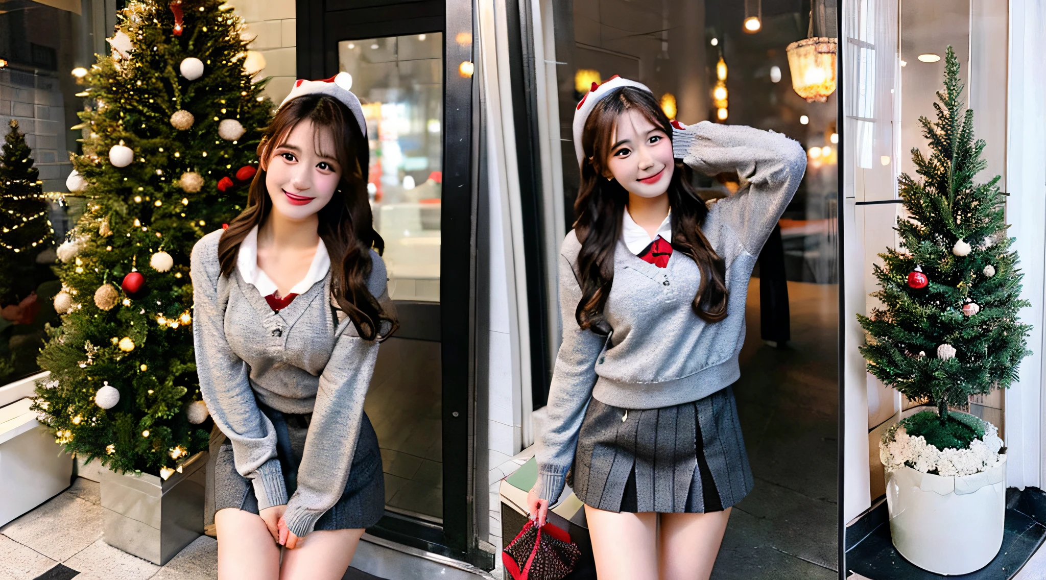 Cute waitress 18 years old wearing a gray miniskirt、Christmas tree