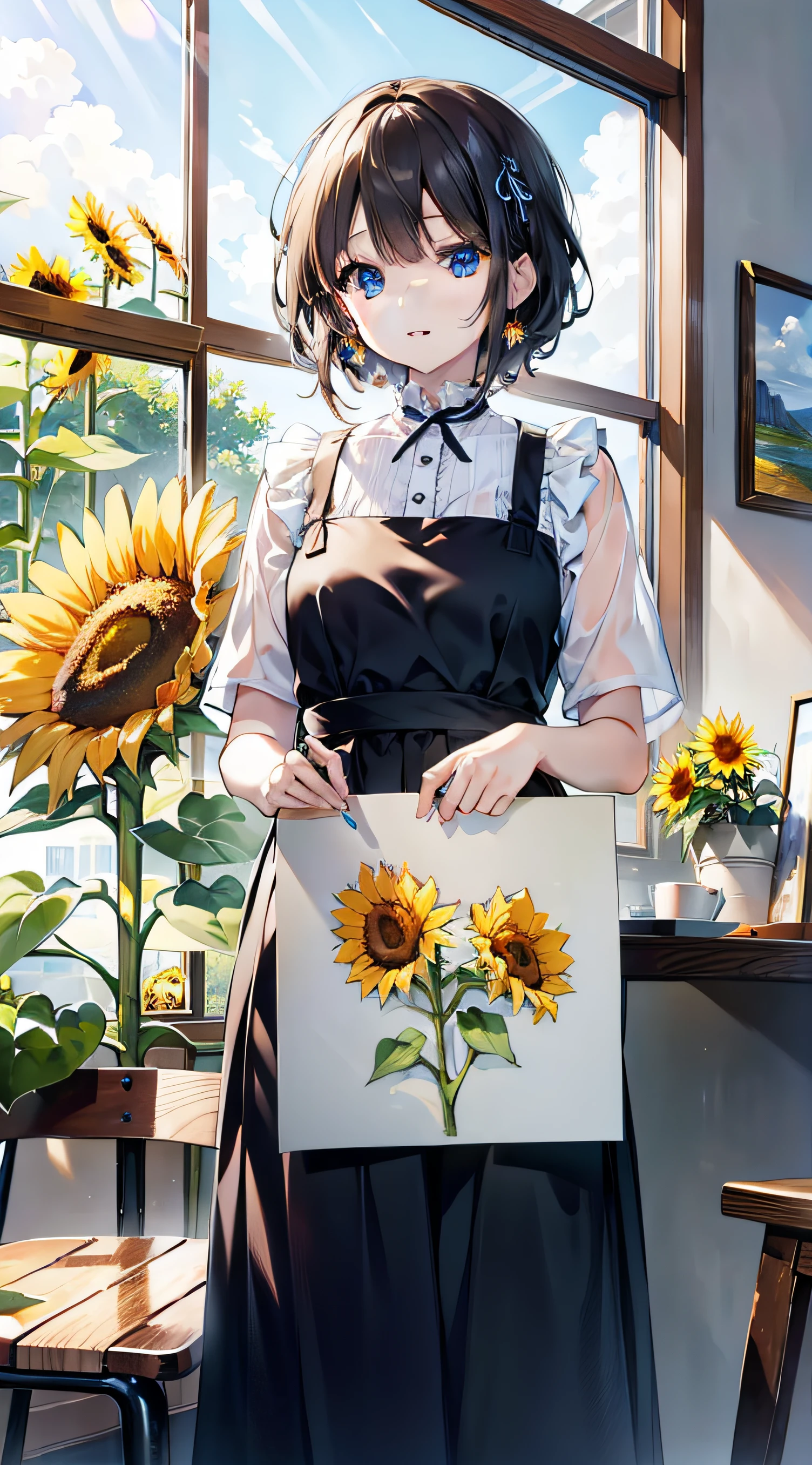 best composition、masutepiece、Sunflower picture and sunflower model in the middle of the picture
