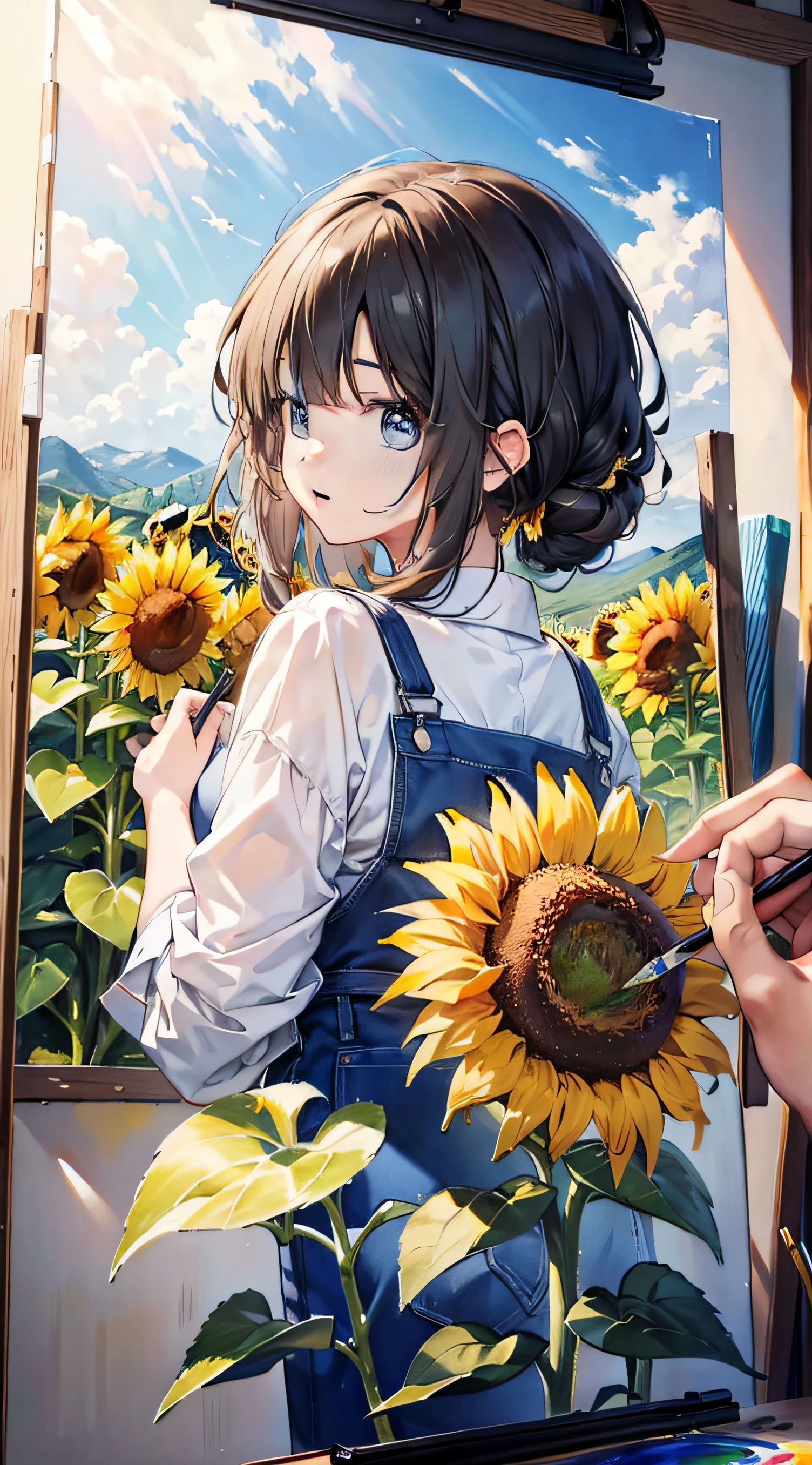 best composition、masutepiece、Sunflower picture and sunflower model in the middle of the picture