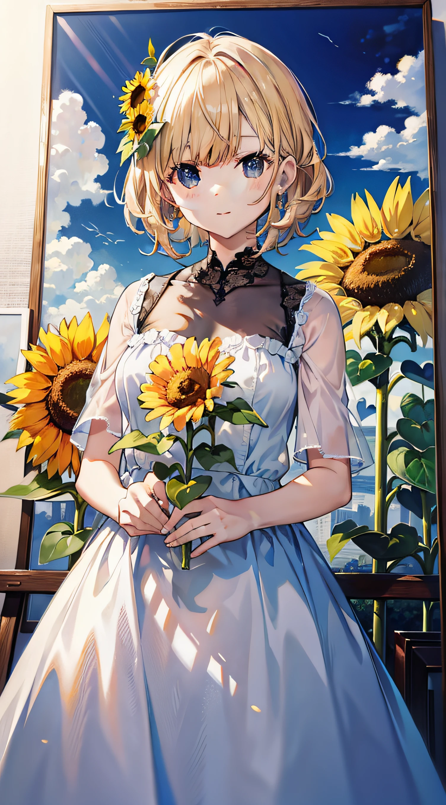 best composition、masutepiece、A half-finished painting with paint applied from a sunflower sketch.