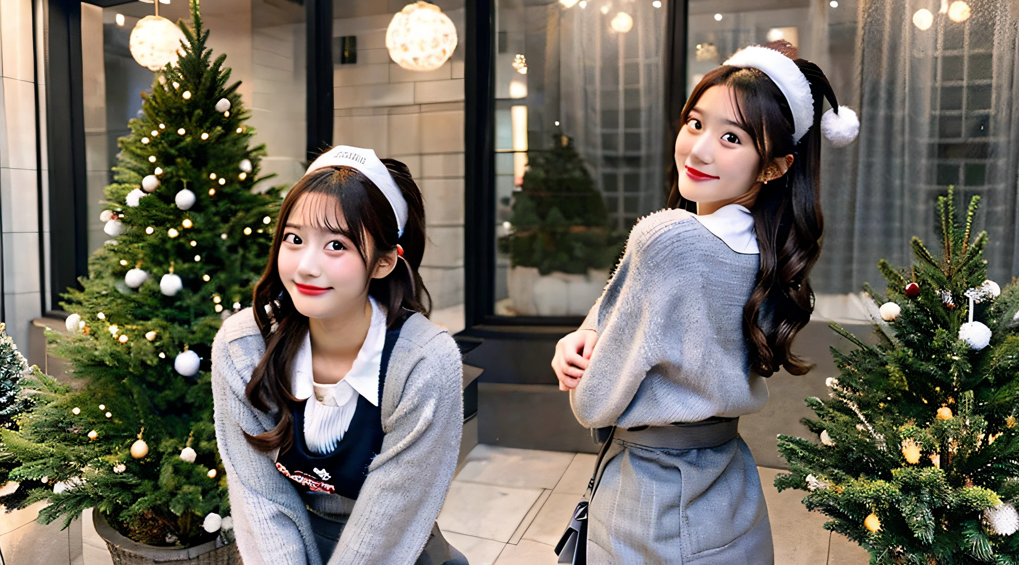 Cute waitress 18 years old wearing a gray miniskirt、Christmas tree