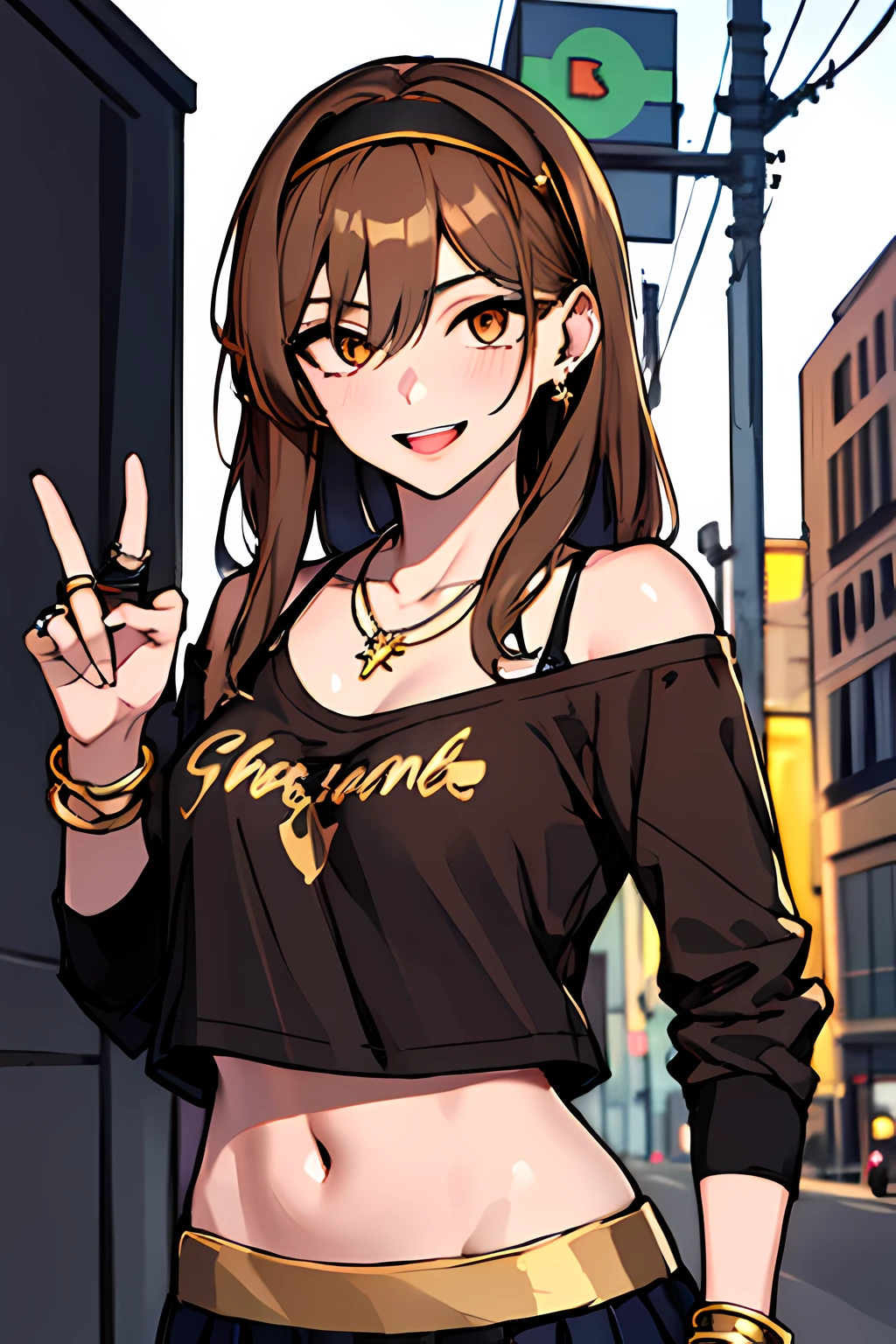 (masterpiece), best quality, expressive eyes, highres, perfect eyes, perfect face, perfect hands, 1girl, genie, zodiac, shirt over 1 shoulder, Brown bikini, long sleeves, necklace, long Brown Hair, city background, headband, Brown eyes, Brown skirt, small bust, rings, bracelets, charismatic, crazy face, crazy eyes, crazy smile, perfect anatomy, half body, l1girl, solo, brown shirt, gold letters, graphic t-shirt, bracelets, rings, necklace, jewelry, arm sleeves, fingerless gloves, manipulative, gaslighting, friendly