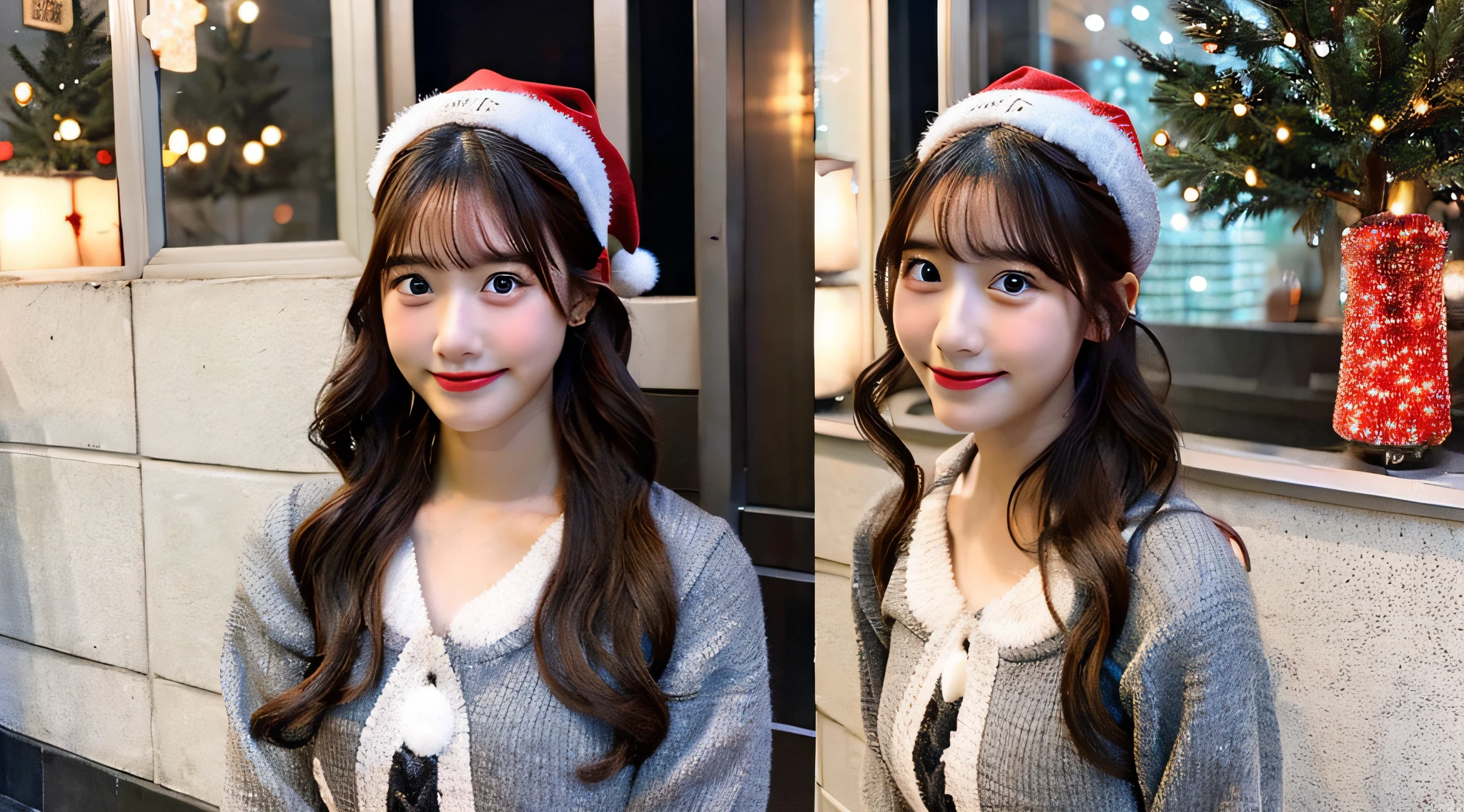 Cute waitress 18 years old wearing a gray miniskirt、Christmas tree