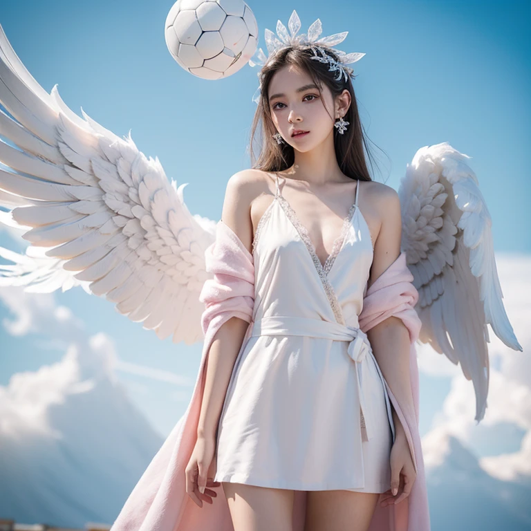 ((RAW photogr)), ((tmasterpiece)), Anthropomorphic humanoid angel girl wearing white noble robe, Complicated details, soccer ball, Intricate work by Gribors, The sky behind, Pink, Beautiful wings, Detailed eyes and lips