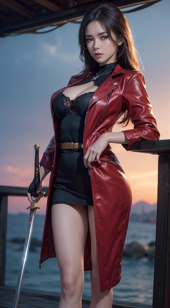 ((( Show the full model from vieweraster-piece))), (((beste-Qualit))), ((Very detail)), (exaggerate.), (highly detailed CG illustration), Cinematic lighting, Realistic as a photo ,very beautiful girl., (Beautiful face and lips), light makeup, Big breasts, Pictures with complex details, red jacket, sword, trending on artstation (Show a full body standing pose..) (Realistic, Watch Movies) (low angle) (Realistic backgrounds)(Use a 200mm focus lens. F2 aperture.0)(Show 2 full legs.)