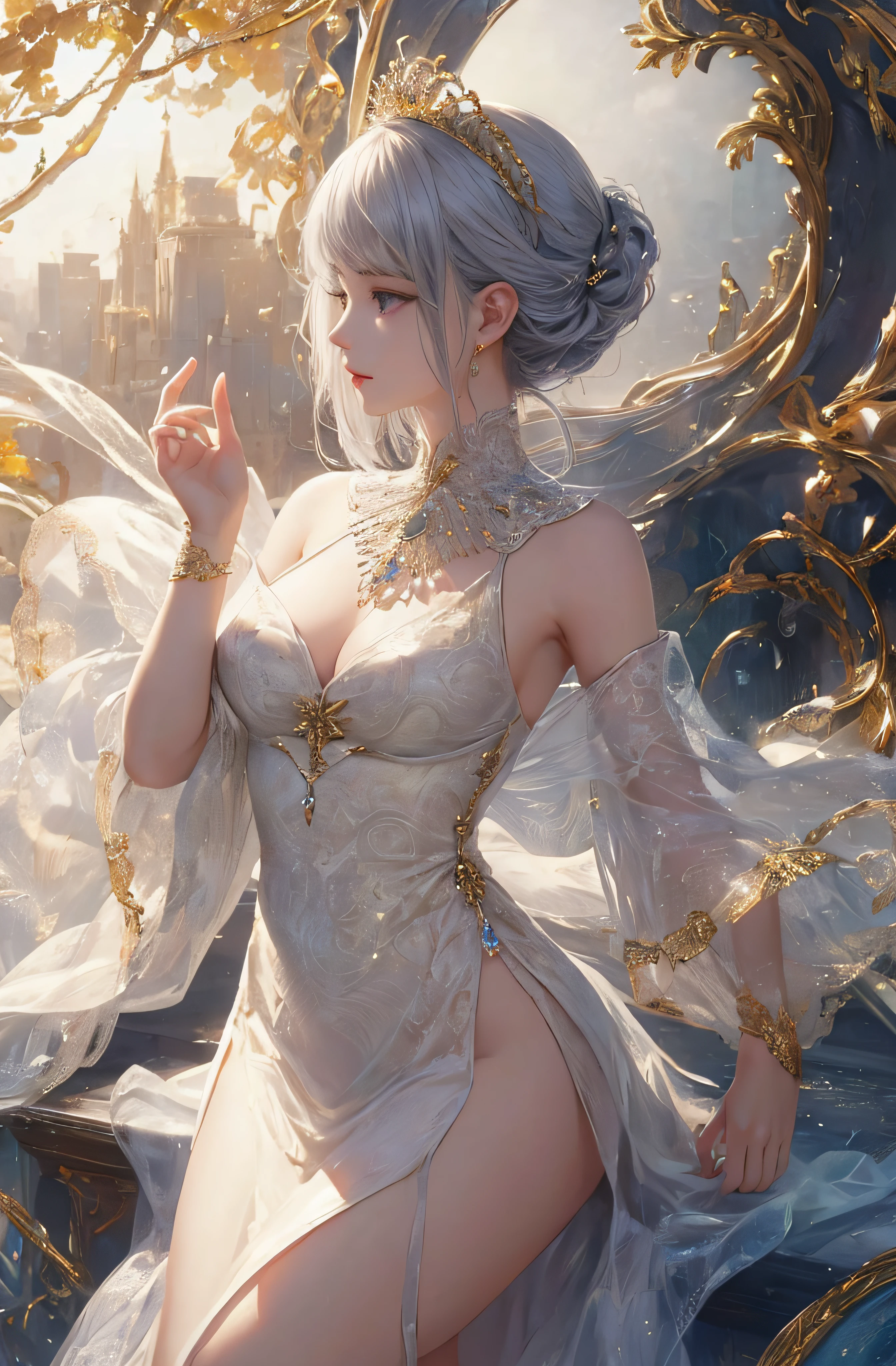 The upper part of the body、The face is front、profile、8K、realphoto、超A high resolution, Master Parts, Best Quality, nffsw , cinematic images,Lovely girl、ann、16 only、Anglo-Saxon、二重まぶた、drooing eyes、Very big eyes、Eyes purple、Dark eye shadow、The lips are very thin、The tip of the nose stretches beautifully....................................、the tip of the nose is small,,,,, ighly detailed , Silver hair、Straight short hair、ssmile、 Sweet look 、a very beautiful woman、legs are long、 Very clear shadows , jewely , A sexy , A detailed eye, very intricate, shiny skins , Perfect Brilliant, Perfect Lighting, Dramatic shadows、White tiara on head、Gold necklace around the neck、White aristocratic dress with gold embroidery、