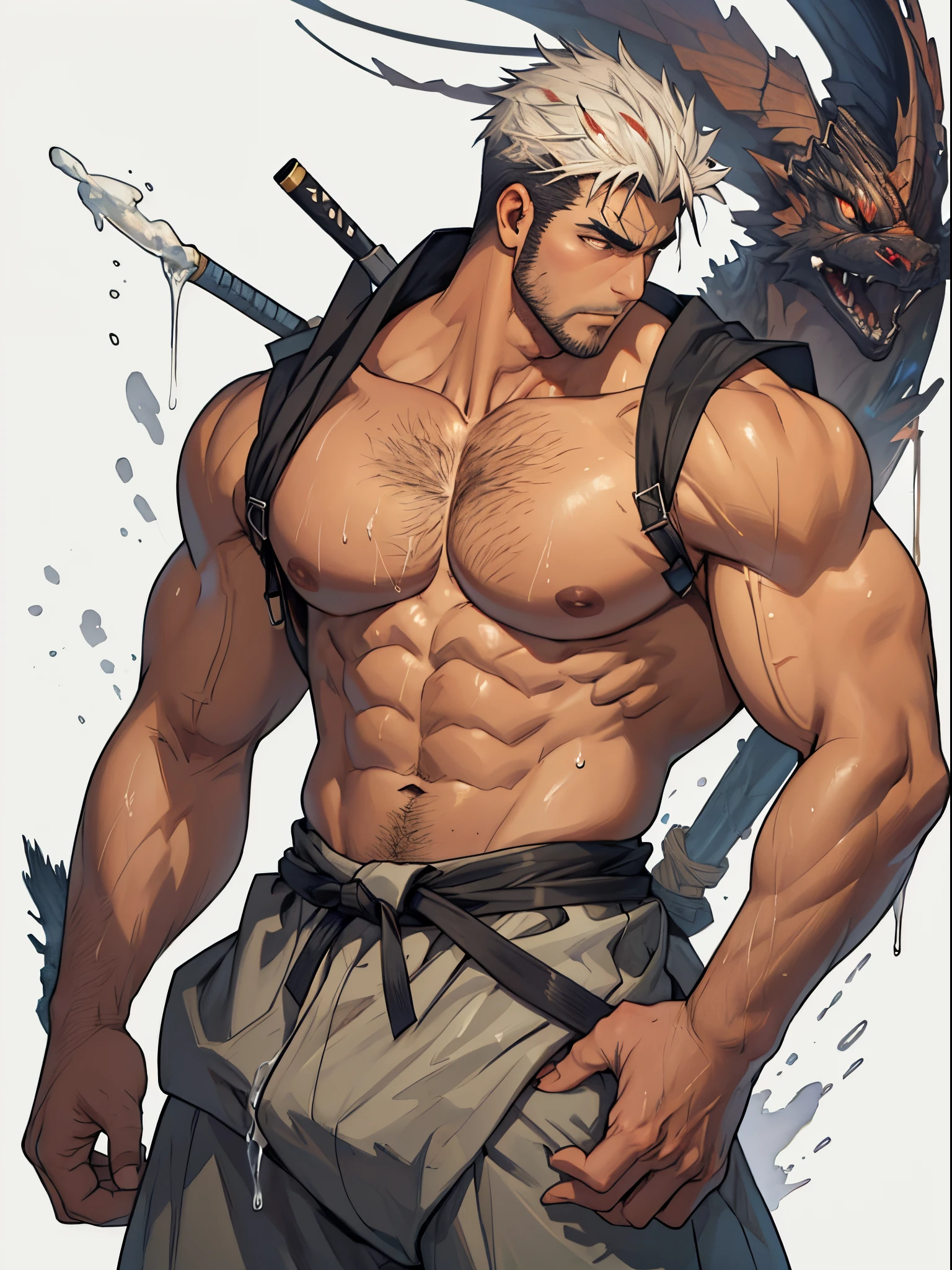 (tmasterpiece, Best quality at best), One guy, Wear samurai pants ((white micro clip:_Patterned_designreathing throat muscles_The whole body was soaked)) , Bio-luminescence_Eau_A WORLD, wide angles, Japan Ronin,atheletic body, male people, Shiny_The skin, Muscle tissue,The perfect human structure,Silver-eyed orange,Nail shape, determined expression, Small waist, a big heart, musculous , Lighting, watercolor ink sketch,(large bulge),(Large eggs),Japanese radish,Spread your legs apart)),((Thick body hair)),(Touch your crotch with both hands),Hairy armpits looking up),Rounded buttocks,Your hips are forward,((the clothes are soaked)),Hard,(There is a lot of white liquid on the body),butterfly very detailed, extremely detailed legs, The arms are very delicate, Extremely detailed face, Perfect Detailed Eyes, Perfectly detailed anatomy)),(broad shoulder)