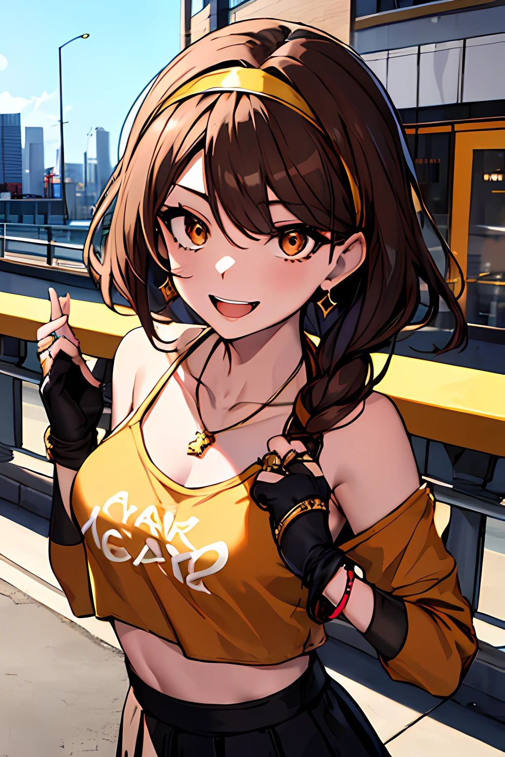 (masterpiece), best quality, expressive eyes, highres, perfect eyes, perfect face, perfect hands, 1girl, genie, zodiac, shirt over 1 shoulder, Brown bikini, long sleeves, necklace, long Brown Hair, city background, headband, Brown eyes, Brown skirt, small bust, rings, bracelets, charismatic, crazy face, crazy eyes, crazy smile, perfect anatomy, half body, l1girl, solo, brown shirt, gold letters, graphic t-shirt, bracelets, rings, necklace, jewelry, arm sleeves, fingerless gloves, manipulative, gaslighting, friendly