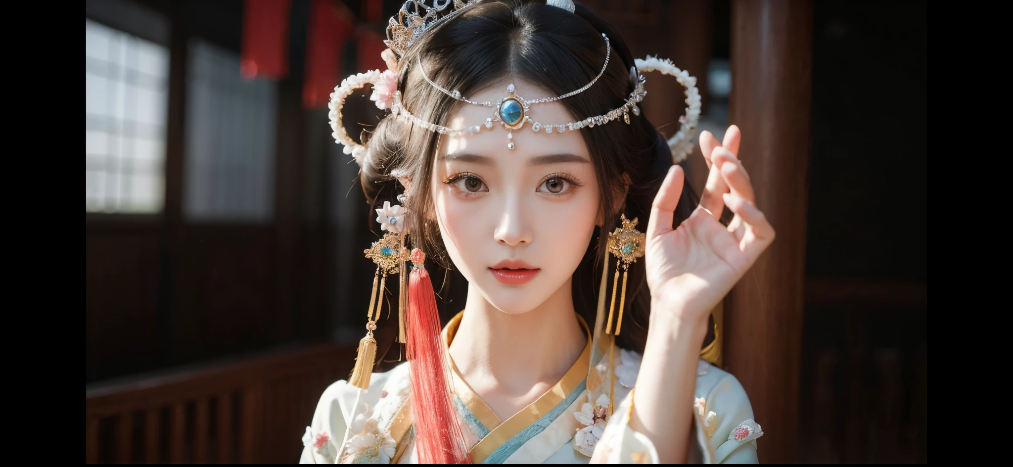 Close-up of woman wearing tiara and crown, beautiful fantasy empress, 宮 , A girl in Hanfu, Princesa chinesa antiga, China Princess, xianxia fantasy, ((beautiful fantasy empress)), ancient chinese beauti, Wearing ancient Chinese clothes, Hanfu, Inspired by Du Qiong, wuxia, xianxia