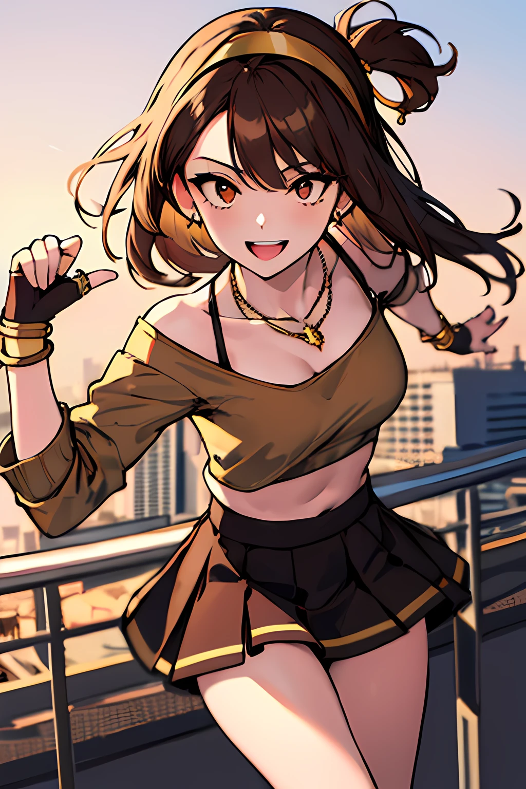 (masterpiece), best quality, expressive eyes, highres, perfect eyes, perfect face, perfect hands, 1girl, genie, zodiac, shirt over 1 shoulder, Brown bikini, long sleeves, necklace, long Brown Hair, city background, headband, Brown eyes, Brown skirt, small bust, rings, bracelets, charismatic, crazy face, crazy eyes, crazy smile, perfect anatomy, half body, l1girl, solo, brown shirt, gold letters, graphic t-shirt, bracelets, rings, necklace, jewelry, arm sleeves, fingerless gloves, manipulative, gaslighting, friendly