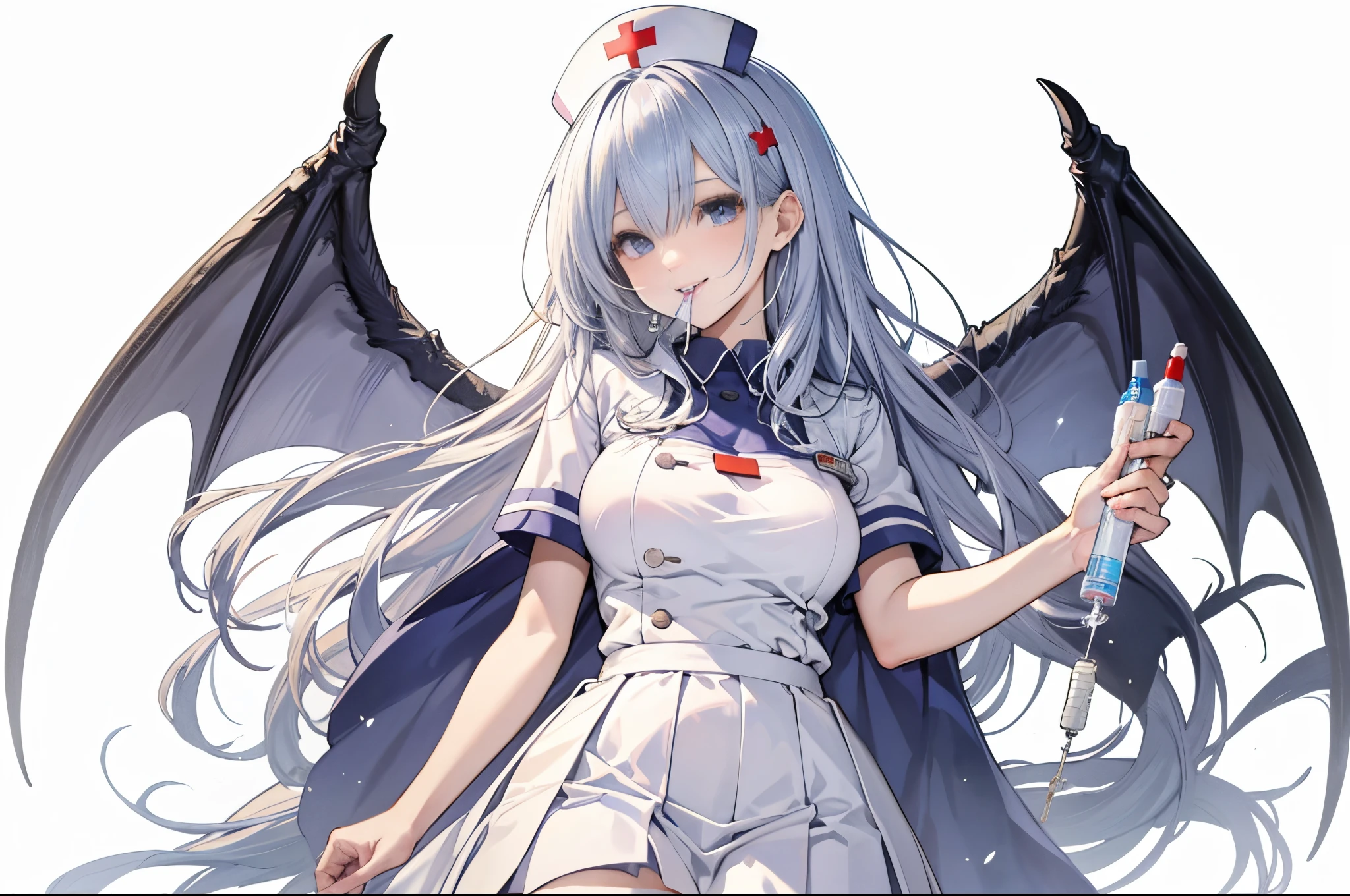 Beautiful woman, white hair, long hair, white cloth covering eyes, nurse's outfit, short pleated skirt, nurse's cap, holding very large syringe, devil's wings, smiling mouth, white background,high quality, amount of drawing, pixiv illustration