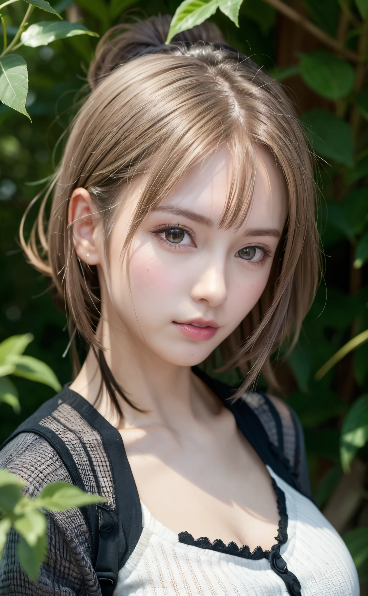 (8K, Photorealistic, Raw photo, of the highest quality: 1.3), (1girl in), Super beautiful, (Realistic face), (boyish, Silver Color Berry Shorthair), Beautiful , Glare that captivates the viewer, Beautiful expression, Beautiful breasts, (Realistic skin), Be...