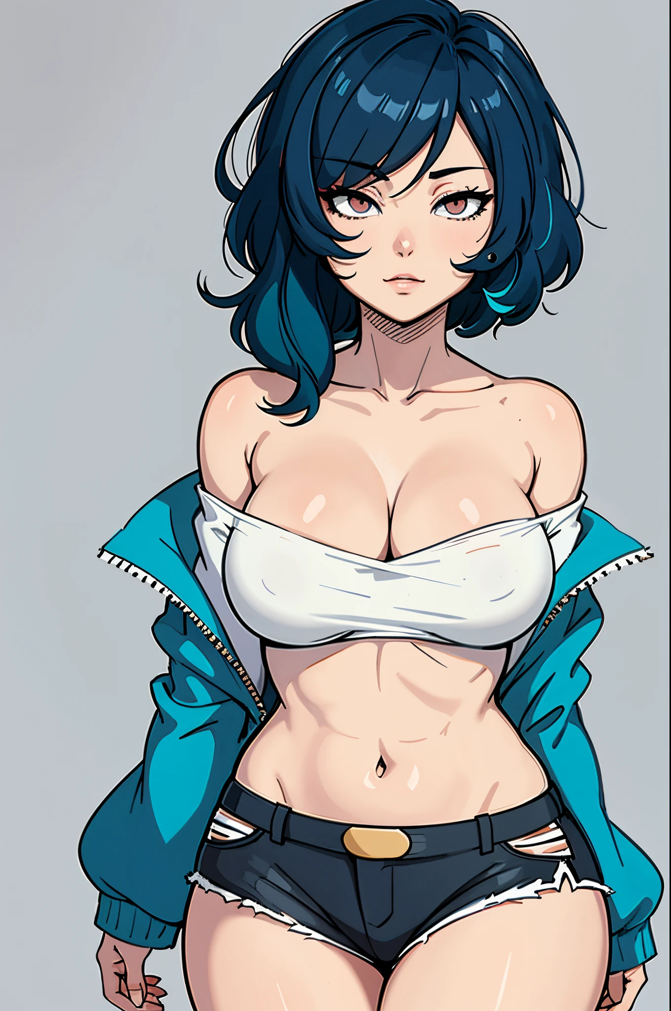 Masterpiece, best quality, simple background, simple details, simple shading, (1 girl) thick, short cyan hair, Blank eyes, empty eyes, ((less highlighted eyes)), off-shoulder jacket Cleavage, short shorts, looking at viewer