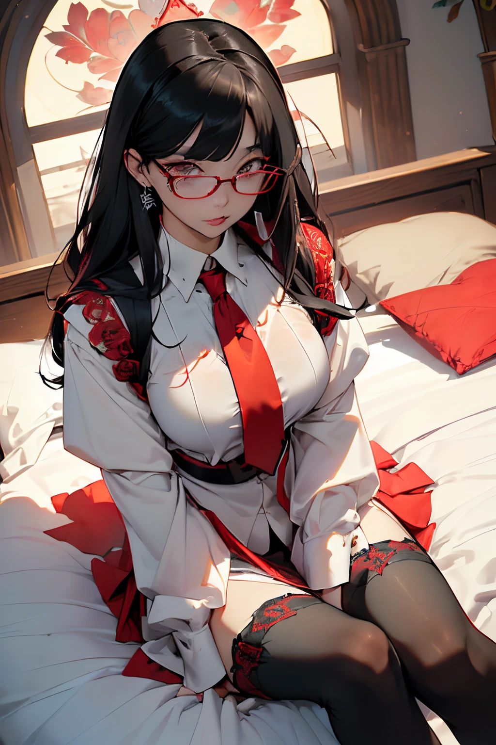 (Long black straight hair)、 (extra detailed face、extremely detailed eye、Sexy Beauties、二重まぶた、Red glasses、Very embarrassing、sluttish、Thick lip)、 (Formal white shirt:1.3)、(Show cleavage:1.3)、(showing off red sexy bra:1.3)、 (black tight mini pleated skirt:1.3)、(Skirt lift:1.3)、(showing off red sexy panties:1.3)、(Cameltoe:1.1) 、(Black garter belt:1.4)、(Black thigh socks:1.4)、 ((Medium chest:1.3)、Glamorous、Slim waist、big butts、(zettai ryouiki:1.3)) (５Fingered hand、Beautiful woman with perfect figure、high detailed skin texture)、 (ultra close up:1.3)、(Focus on the crotch)、(From the top:1.2)、 (Full body posture)、(Lie on the bed and spread your legs:2.0)、(Put your hand on your crotch:1.3)、(Many colorful flowers bloom in the background:1.3)、 (top-quality、8K、​masterpiece)、(Centered、scale to fit the dimensions、thirds rule)、 (NSFW:1.2)