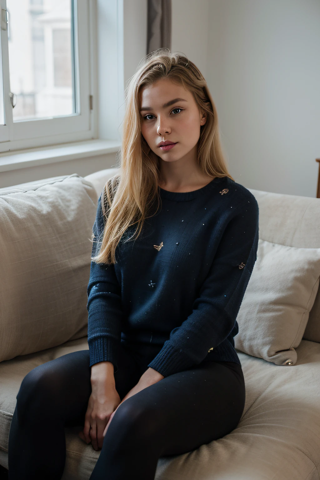 Extremely realistic blonde Russian girl with blonde hair and blue eyes, wearing a detailed jumper, black legging, upper body, sitting on a sofa with a blanket