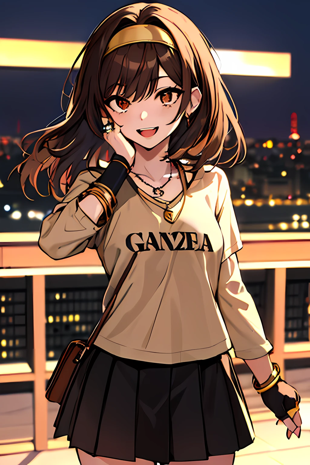 (masterpiece), best quality, expressive eyes, highres, perfect eyes, perfect face, perfect hands, 1girl, genie, zodiac, shirt over 1 shoulder, Brown bikini, long sleeves, necklace, long Brown Hair, city background, headband, Brown eyes, Brown skirt, small bust, rings, bracelets, charismatic, crazy face, crazy eyes, crazy smile, perfect anatomy, half body, l1girl, solo, brown shirt, gold letters, graphic t-shirt, bracelets, rings, necklace, jewelry, arm sleeves, fingerless gloves, manipulative, gaslighting, friendly