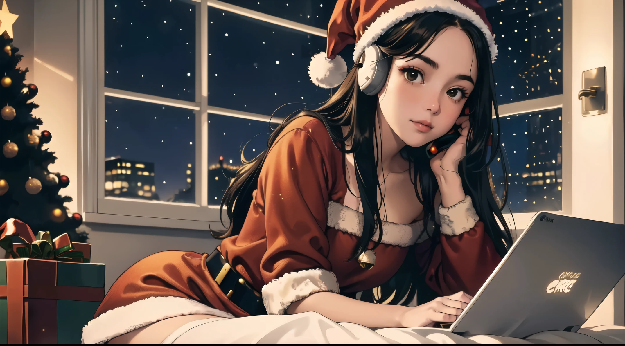 ((Girl is sitting font PC in a cozy room at night)) , masterpiece, ultra-high quality, octans, , headset, anime, beautiful, beautiful brown eyes, makeup, flat chest, closed mouth, background in room, particles, bokeh, double exposure, very attract black hair girl, look the computer, , with a monitor, (( lock at PC)), christmas eve ((room with christmas decorate, christmas tree)), (cozy), ( wearing santa claus clothes, ear-muffs:1.5 ), (city night light outside window)), winter, snow, cozy and orange ((realistic)), soft lighting, warm lighting, night, 8k, (masterpiece, best quality:1.5), ultra detailed, depth of field, sideview, ((cowboy shot)), dramatic, (((bokeh))),zoom out