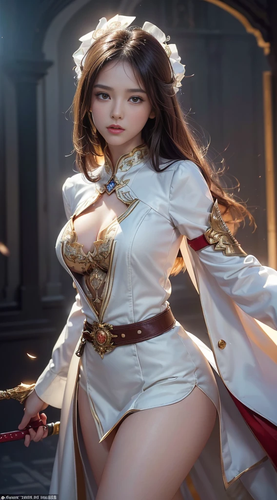 ((( Show the full model from vieweraster-piece))), (((beste-Qualit))), ((Very detail)), (exaggerate.), (highly detailed CG illustration), Cinematic lighting, Realistic as a photo ,very beautiful girl., (Beautiful face and lips), light makeup, Big breasts, White skin aura, Pictures with intricate details, Long coat, red, Big Sword, trending on artstation (Show your whole body standing...) (Realistic, Watch Movies) (low angle) (Realistic backgrounds)(Use a 200mm focus lens. F2 aperture.0)(Show 2 full legs..)