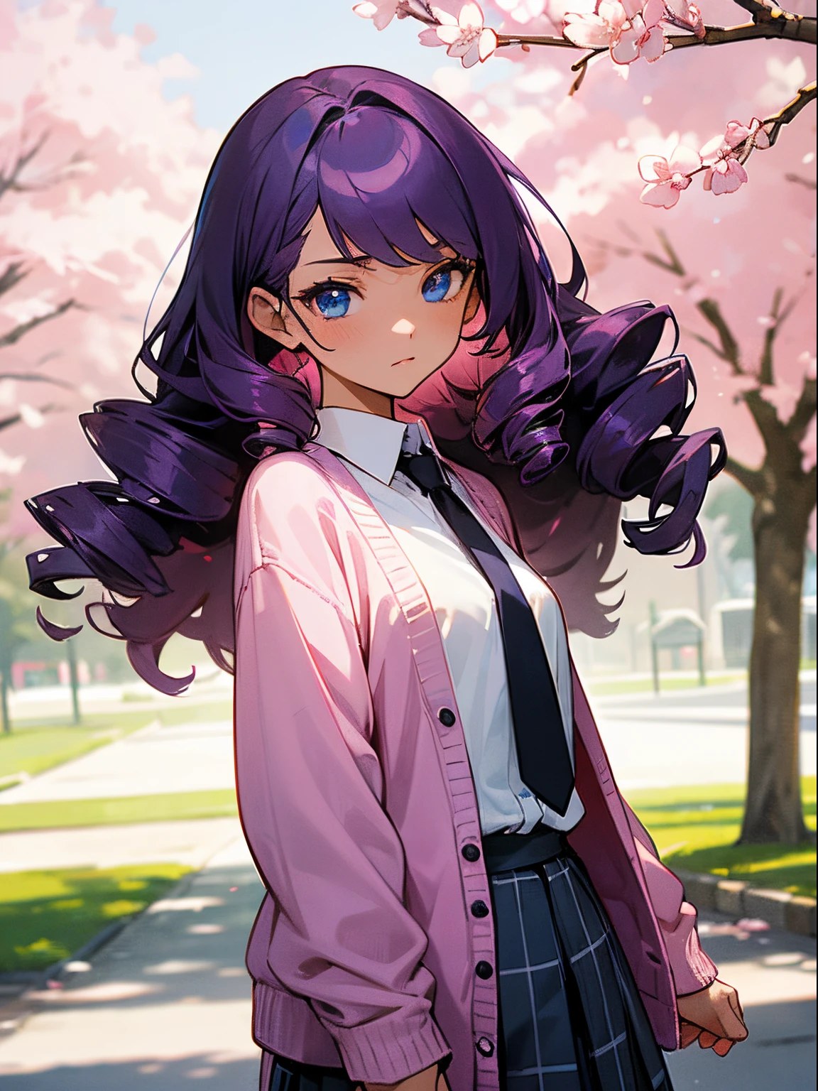 A beautiful woman with long wavy dark purple hair, drill curls, side bangs, blue eyes, light tanned skin, blank expression, looking to the side, wearing a white shirt, plain black necktie, blue checkered skirt, and pink cardigan. at the park, nighttime, surrounded by cherry blossom trees