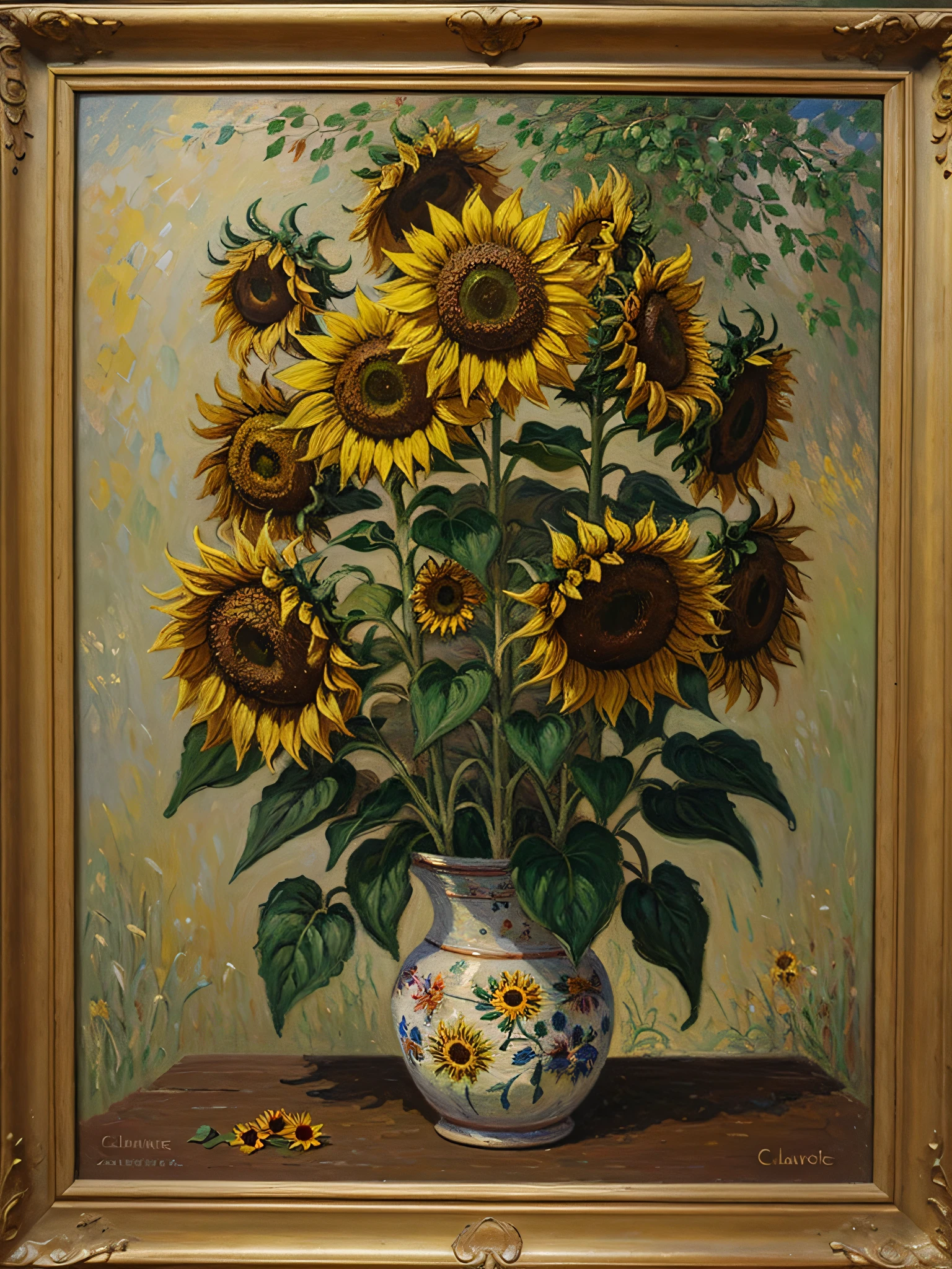 Old painting, Oil painting on canvas depicting sunflowers, works by artist Claude Monet, complete imitation of Claude Monet&#39;style of, antique canvas