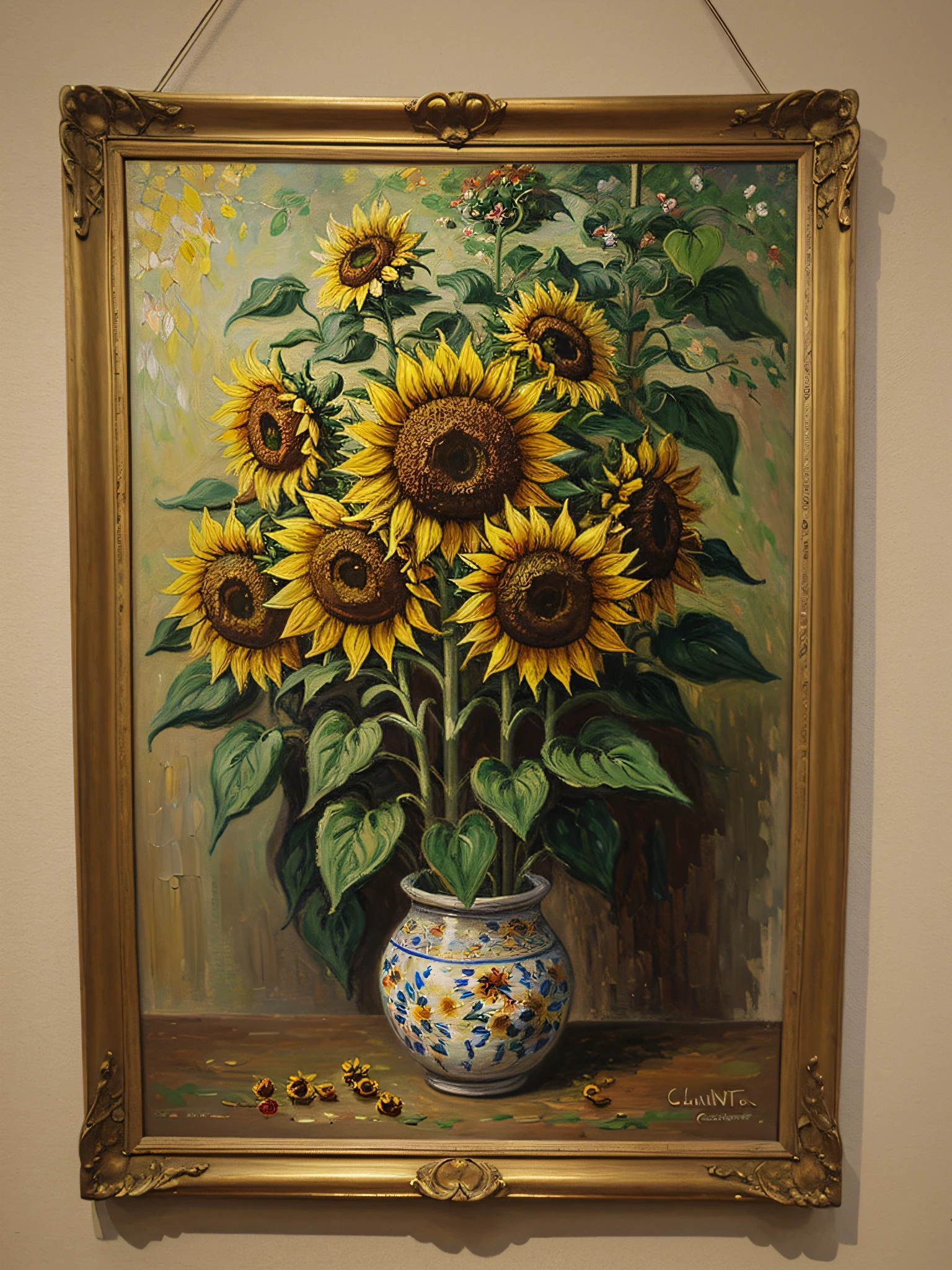 Old painting, Oil painting on canvas depicting sunflowers, works by artist Claude Monet, complete imitation of Claude Monet&#39;style of, antique canvas