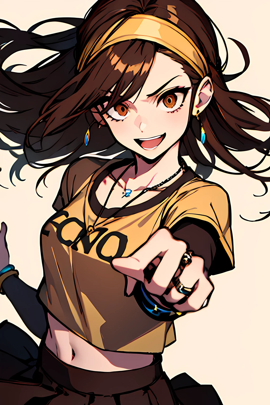 (masterpiece), best quality, expressive eyes, highres, perfect eyes, perfect face, perfect hands, 1girl, genie, zodiac, shirt over 1 shoulder, Brown bikini, long sleeves, necklace, long Brown Hair, city background, headband, Brown eyes, Brown skirt, small bust, rings, bracelets, charismatic, crazy face, crazy eyes, crazy smile, perfect anatomy, half body, l1girl, solo, brown shirt, gold letters, graphic t-shirt, bracelets, rings, necklace, jewelry, arm sleeves, fingerless gloves, manipulative, gaslighting, friendly, four fingers, one thumb, perfect hands,