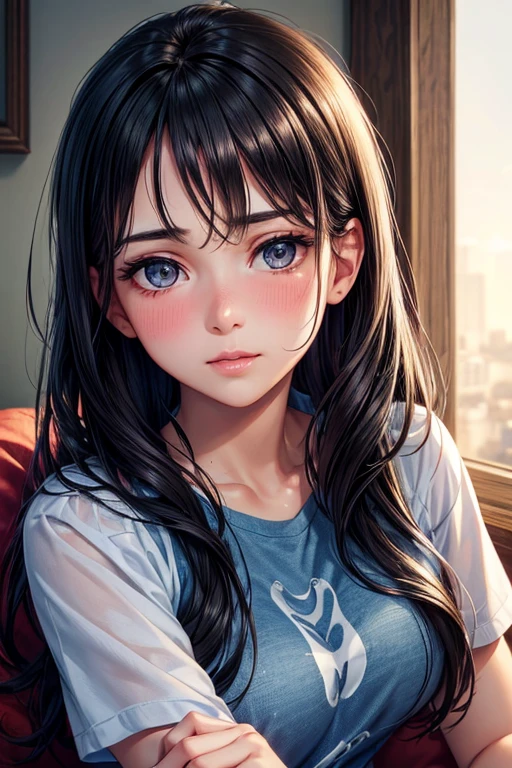 best quality,4k,highres,ultra-detailed,realistic:1.37,portrait,beautiful detailed eyes,beautiful detailed lips,extremely detailed eyes and face,long eyelashes,soft facial expression,shiny black hair,smooth and clear skin,slightly blushing cheeks,faint smile,toned physique,baggy tshirt,blue jeans,relaxed posture,comfortable and cozy background,warm natural lighting,intimate distance,love-filled gaze,shy but deep affection,messy yet stylish hairstyle,gentle and kind-hearted disposition,stoic and strong-willed personality,heartfelt confession of love,deep connection with the viewer,endearing and genuine expression of emotion