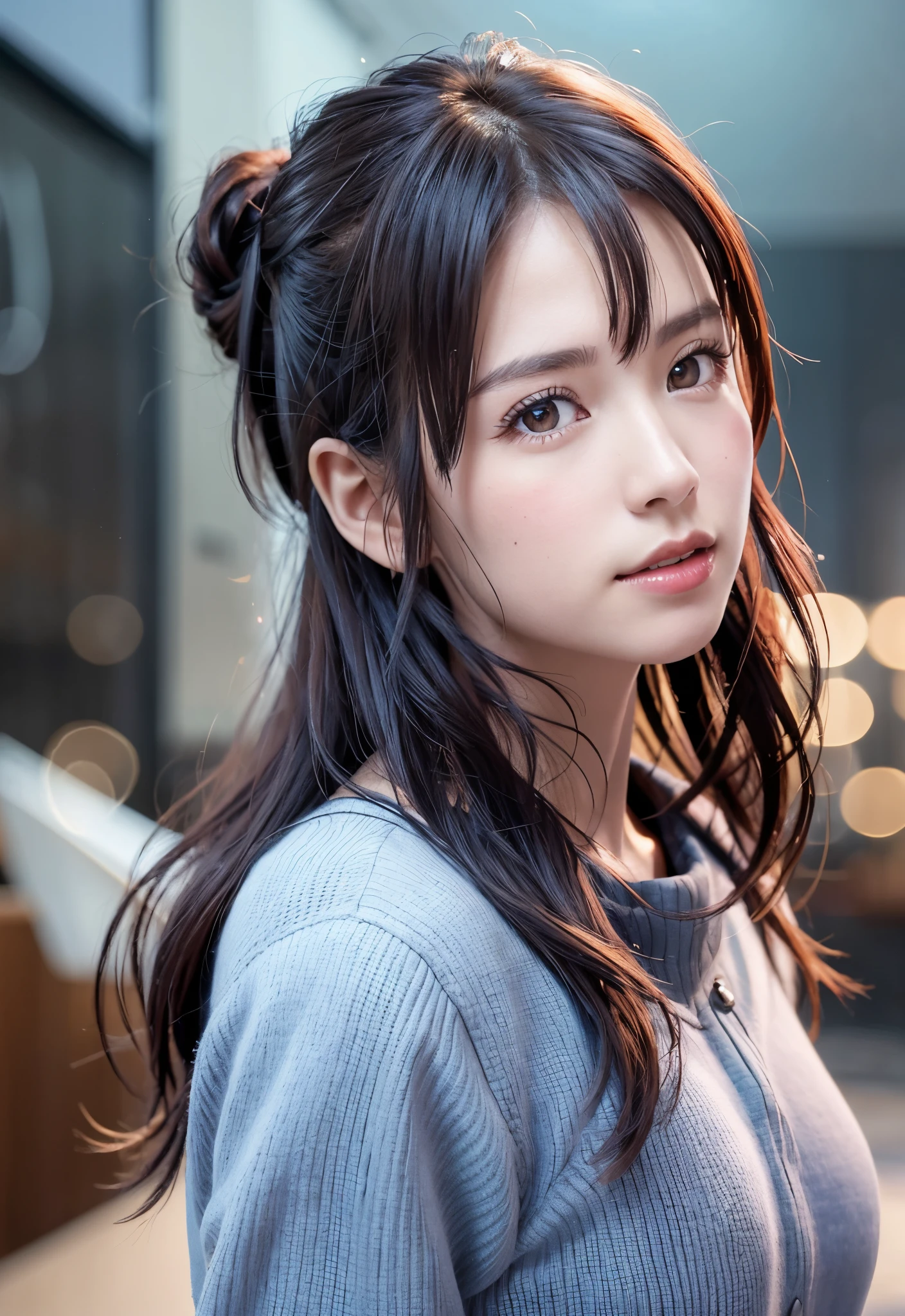 8K, of the highest quality, masutepiece:1.2), (Realistic, Photorealsitic:1.37), of the highest quality, masutepiece, Beautiful young woman, Pensive expression,、A charming、and an inviting look, skiing、snowboarder、Ski Wear, Hair tied back, Cinematic background, Light skin tone、Ski Resort Background