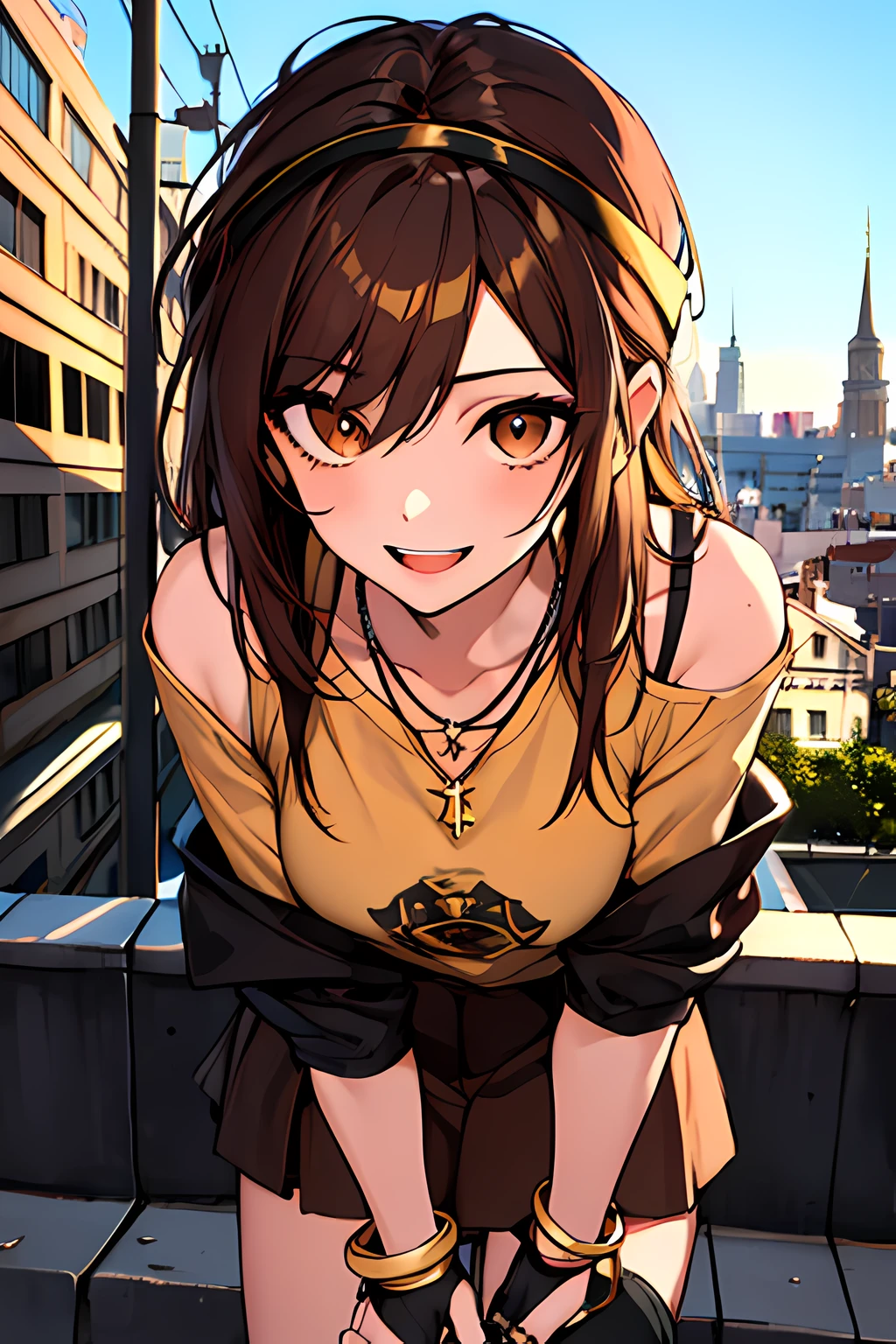 (masterpiece), best quality, expressive eyes, highres, perfect eyes, perfect face, perfect hands, 1girl, genie, zodiac, shirt over 1 shoulder, Brown bikini, long sleeves, necklace, long Brown Hair, city background, headband, Brown eyes, Brown skirt, small bust, rings, bracelets, charismatic, crazy face, crazy eyes, crazy smile, perfect anatomy, half body, l1girl, solo, brown shirt, gold letters, graphic t-shirt, bracelets, rings, necklace, jewelry, arm sleeves, fingerless gloves, manipulative, gaslighting, friendly