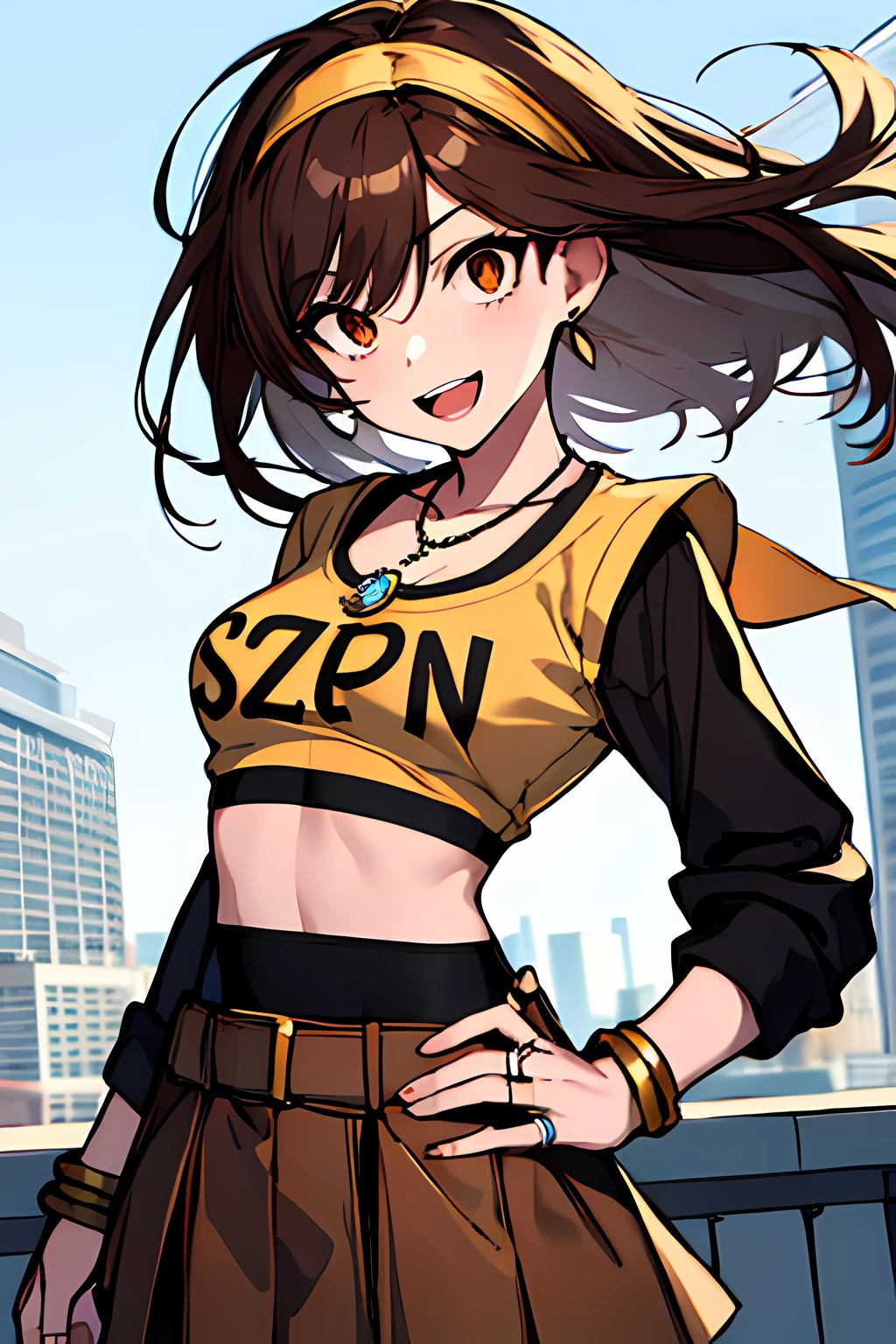 (masterpiece), best quality, expressive eyes, highres, perfect eyes, perfect face, perfect hands, 1girl, genie, zodiac, shirt over 1 shoulder, Brown bikini, long sleeves, necklace, long Brown Hair, city background, headband, Brown eyes, Brown skirt, small bust, rings, bracelets, charismatic, crazy face, crazy eyes, crazy smile, perfect anatomy, half body, l1girl, solo, brown shirt, gold letters, graphic t-shirt, bracelets, rings, necklace, jewelry, arm sleeves, fingerless gloves, manipulative, gaslighting, friendly