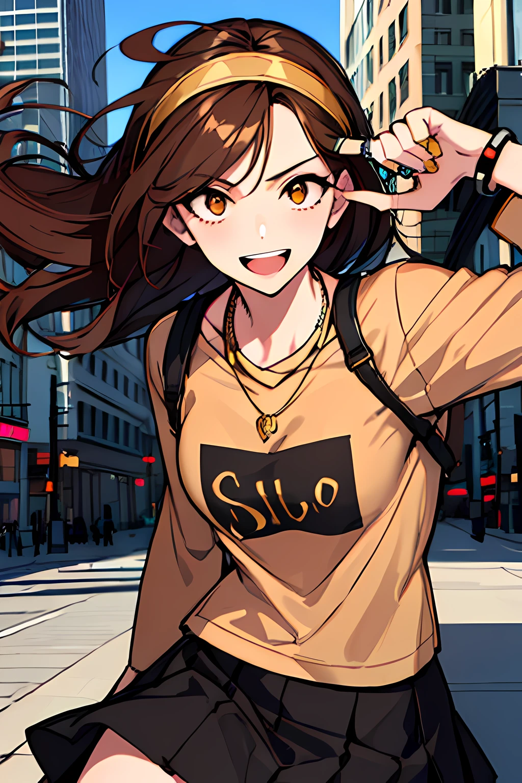 (masterpiece), best quality, expressive eyes, highres, perfect eyes, perfect face, perfect hands, 1girl, genie, zodiac, shirt over 1 shoulder, Brown bikini, long sleeves, necklace, long Brown Hair, city background, headband, Brown eyes, Brown skirt, small bust, rings, bracelets, charismatic, crazy face, crazy eyes, crazy smile, perfect anatomy, half body, l1girl, solo, brown shirt, gold letters, graphic t-shirt, bracelets, rings, necklace, jewelry, arm sleeves, fingerless gloves, manipulative, gaslighting, friendly