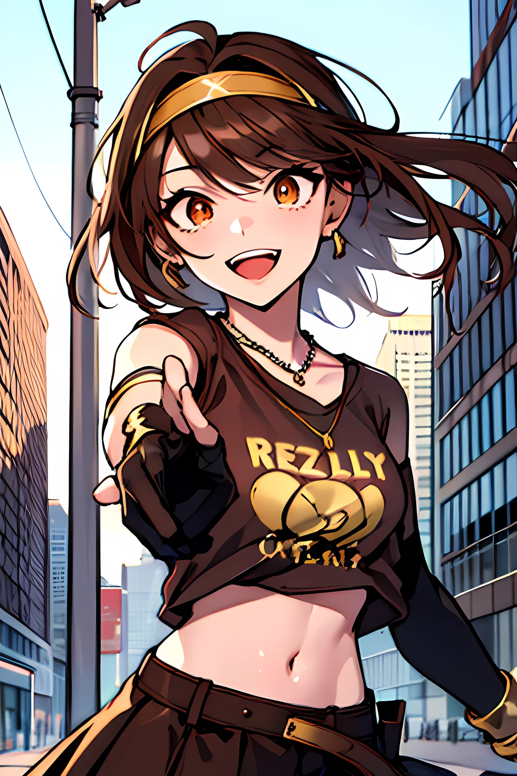 (masterpiece), best quality, expressive eyes, highres, perfect eyes, perfect face, perfect hands, 1girl, genie, zodiac, shirt over 1 shoulder, Brown bikini, long sleeves, necklace, long Brown Hair, city background, headband, Brown eyes, Brown skirt, small bust, rings, bracelets, charismatic, crazy face, crazy eyes, crazy smile, perfect anatomy, half body, l1girl, solo, brown shirt, gold letters, graphic t-shirt, bracelets, rings, necklace, jewelry, arm sleeves, fingerless gloves, manipulative, gaslighting, friendly
