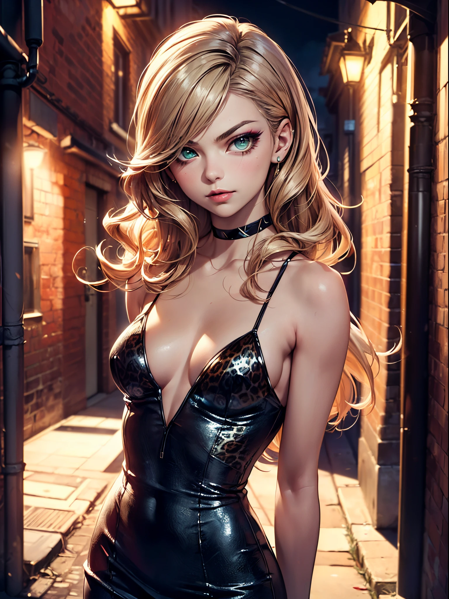 masterpiece, best quality, CG, wallpaper, HDR, high quality, high-definition, (hyperrealistic:1.5), (((looking at viewecing viewer))))), bimbo, portrait of Natalie Dormer as a bimbo, ((Natalie Dormer in dark alley at night)), ((highly detailed hot face)),(black choker), ((short sleevless leopard print dress,)), cleavage, (medium breasts:1.3), ((big fake eye lashes)), (heavy makeup:1.3), detailed skin, (crimson lips:1.2), ((long hair)), ((wavy hair)), ((light brown hair)), (glossy lips:1.2), (smug:1.4), green_eyes, ((arms behind back)), hand on hip,(black_thighhighs), (skinny:1.6), (small waist:1.2), grin,