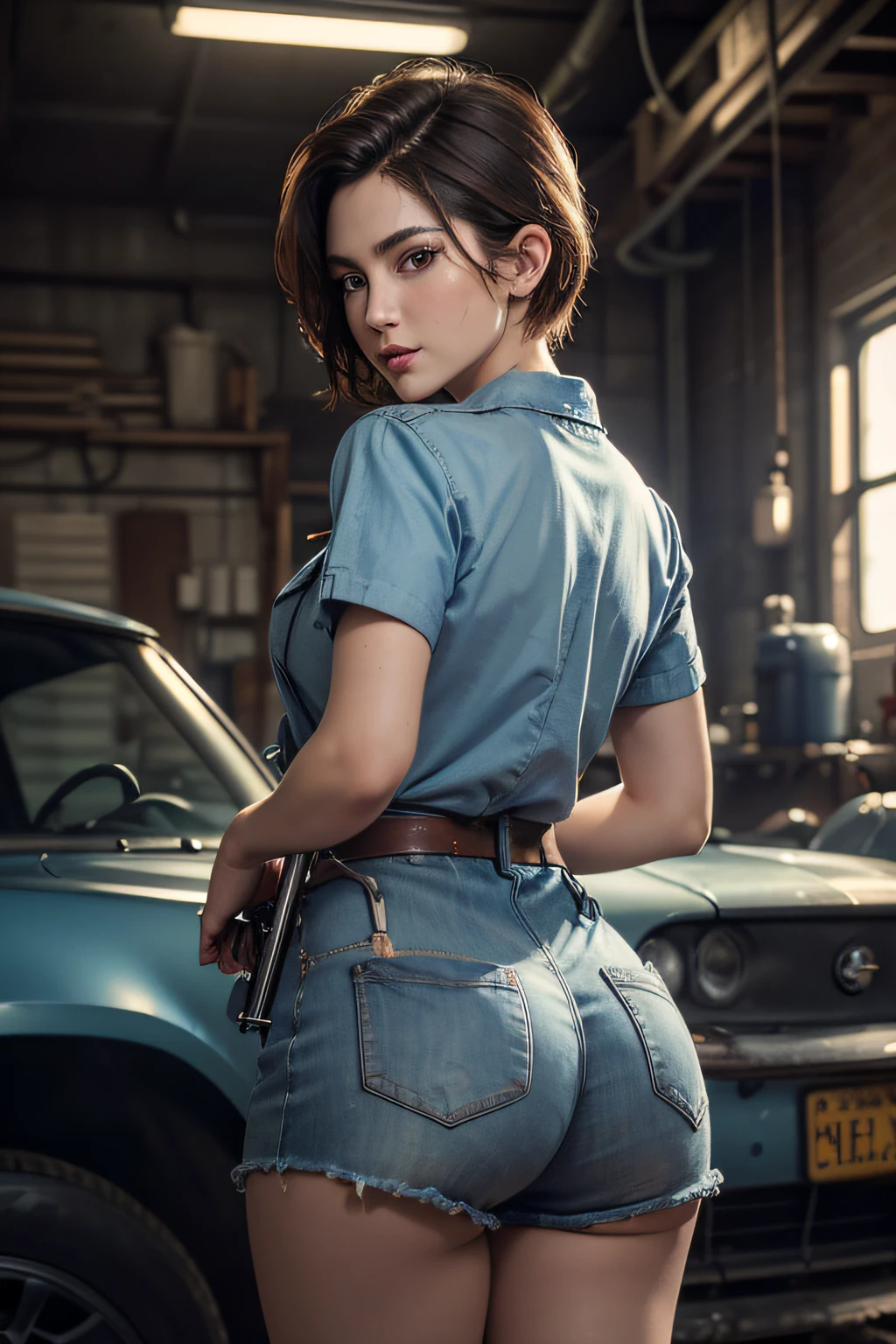 ((masterpiece)), ((best quality)), wide angle shooting, (oil painting), beautiful female mechanic, sexy, short hair, round eyes, detailed face, repairing a car, (bent over, hips, facing the back of the audience , head turned), (workshop wearpack, tight short wearpack shirt, shortig thighs, cowboy shot, background, car repair shop, unreal machine , tool kit, compressor, equipment repair shop, depth of field, highly detailed, realistic, photoreal, (intricate detail), octane rendering, uhd, 8k