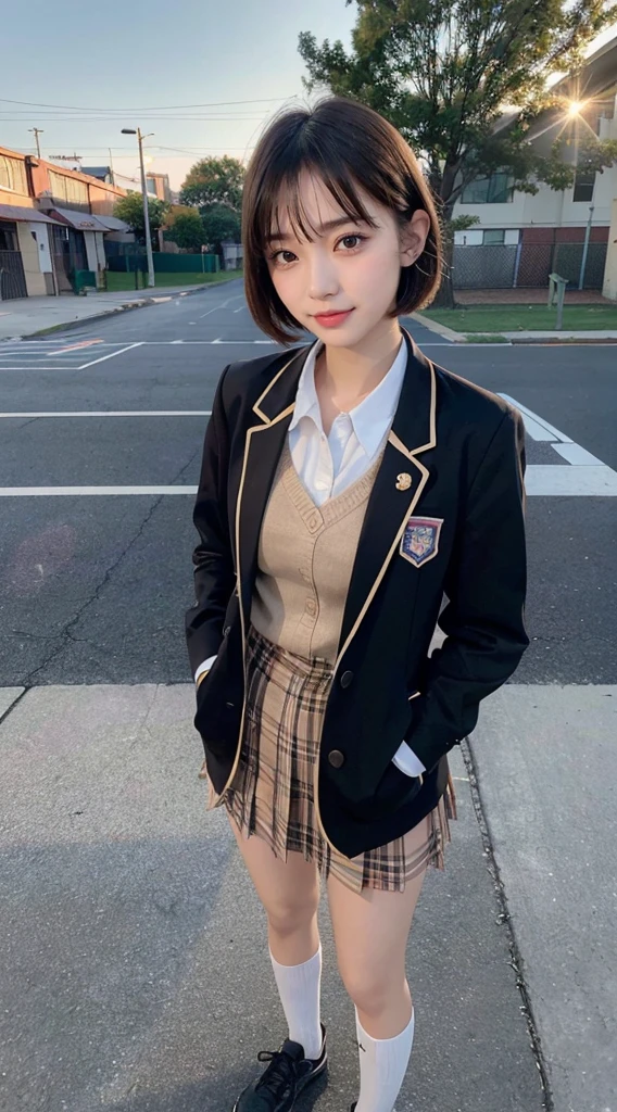 ((Full body lesbian，in a panoramic view))，(quality,8K quality,tmasterpiece:1.3),(超高分辨率,真实感:1.4,Original photography),(ultra - detailed,Caustics,detailedbackground),(Hyper-realistic capture,Beautiful and delicate skin,perfect anatomia),At sunset,Sunset sky,School buildings,School playground,18yr old,kawaii,Single Eyelids,Brunette short Bob,School blazer,looking at the camera in,A smile,upper body shot,Natural soft light