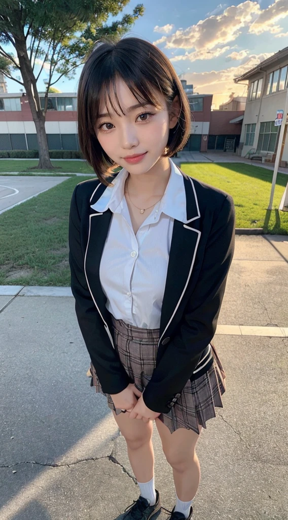 ((Full body lesbian,in a panoramic view)),(quality,8K quality,tmasterpiece:1.3),(超高分辨率,真实感:1.4,Original photography),(ultra - detailed,Caustics,detailedbackground),(Hyper-realistic capture,Beautiful and delicate skin,perfect anatomia),At sunset,Sunset sky,School buildings,School playground,18yr old,kawaii,Single Eyelids,Brunette short Bob,School blazer,looking at the camera in,A smile,upper body shot,Natural soft light