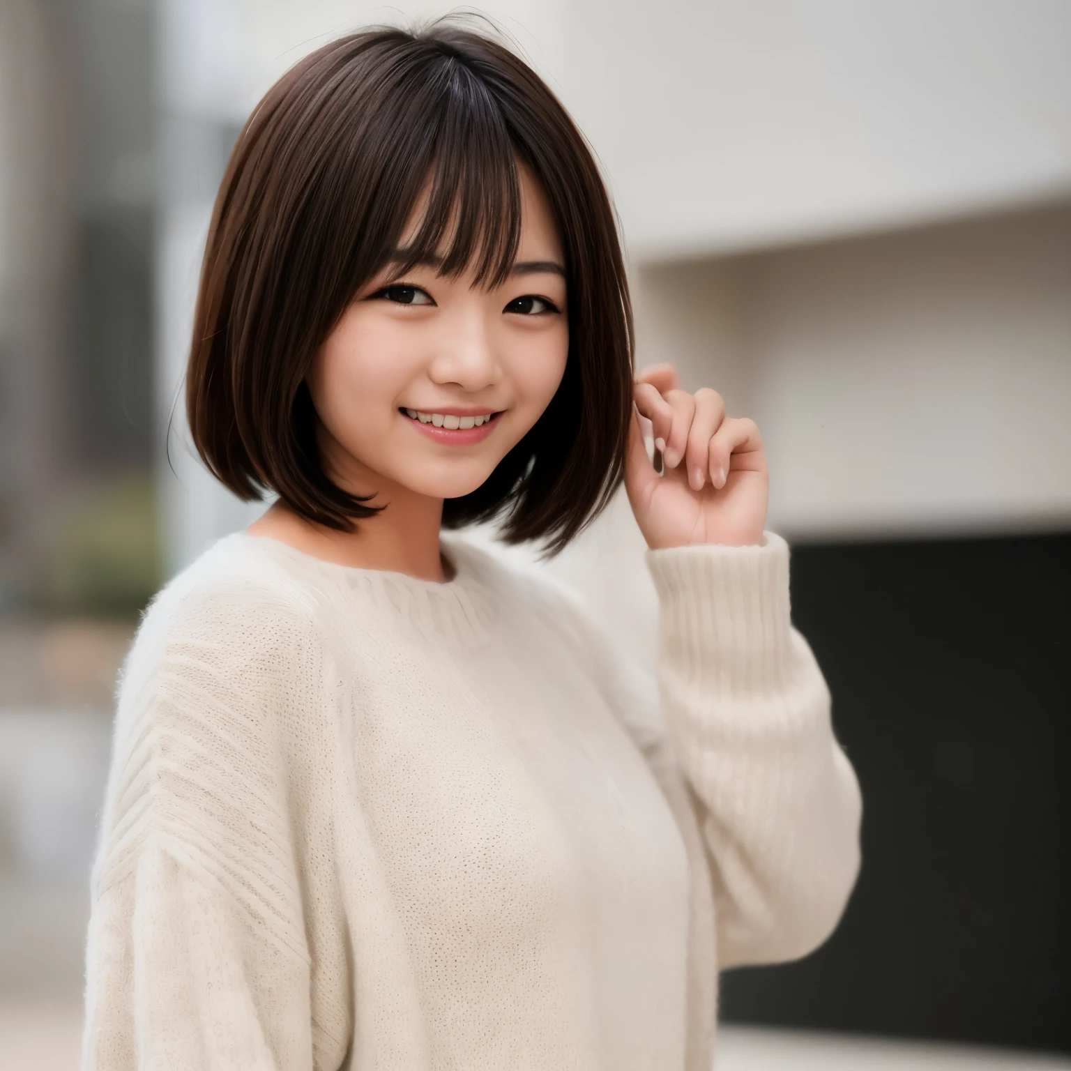 A 20-year-old Japanese woman wearing a white sweater and smiling, With short hair,  奈良美智, narumi kakinouchi,Random and blurry background