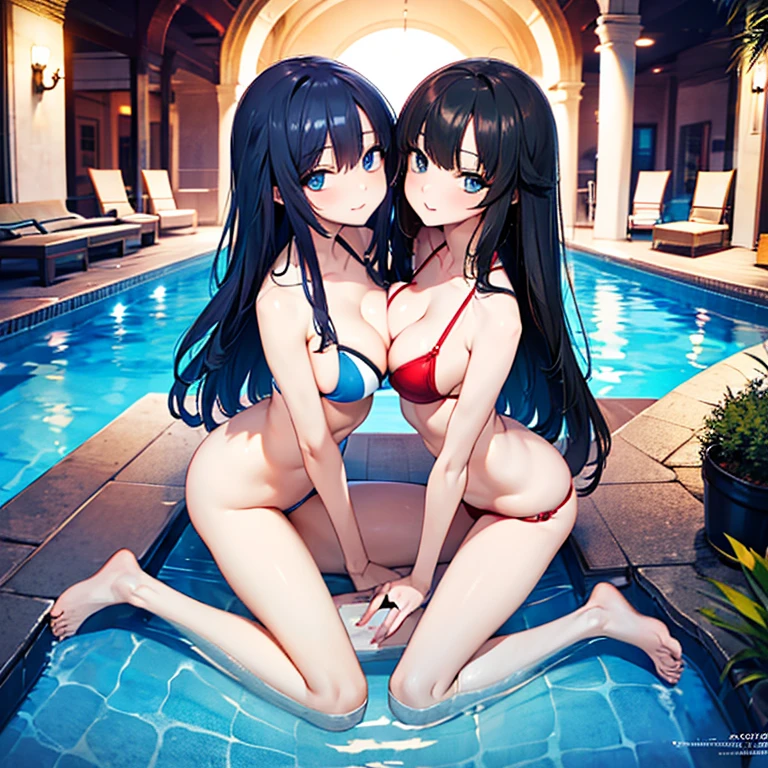 (Best Quality)), ((Masterpiece Art)), A trick for flawless beauty, (high resolucion), Very reduced 8K , a flawless face, perfect eyes, Symmetrical body shape,Black hair, red bikini, blue hotpants, large full breasts, sexual intercourse, Sexual attractiveness, hentai, NSFW, pool