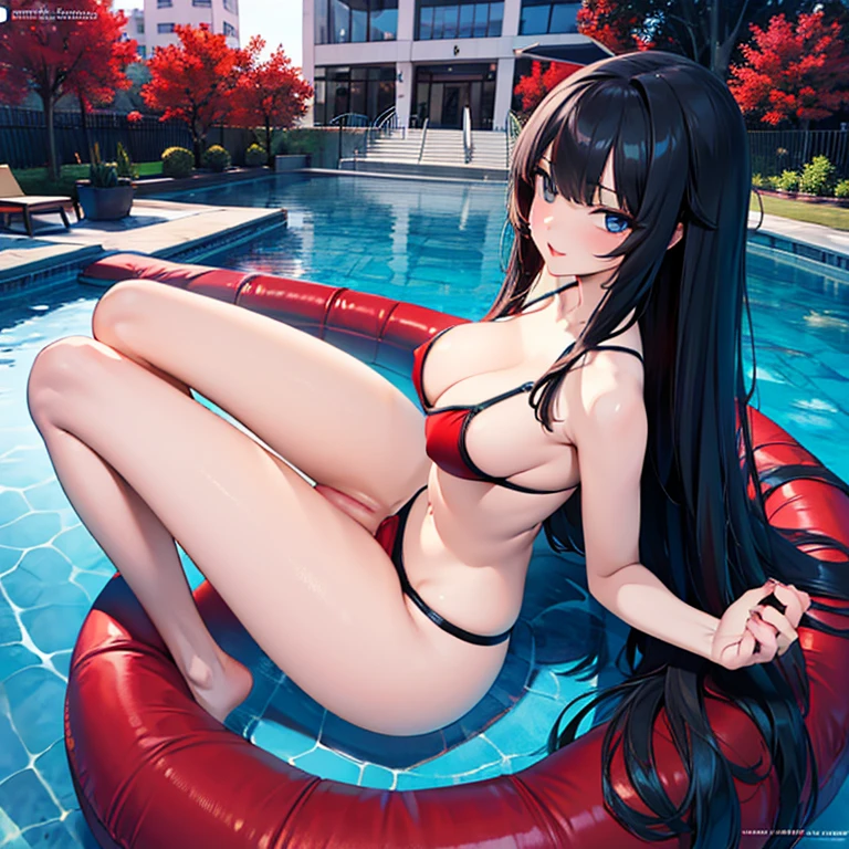 (Best Quality)), ((Masterpiece Art)), A trick for flawless beauty, (high resolucion), Very reduced 8K , a flawless face, perfect eyes, Symmetrical body shape,Black hair, red bikini, blue hotpants, large full breasts, sexual intercourse, Sexual attractiveness, hentai, NSFW, pool