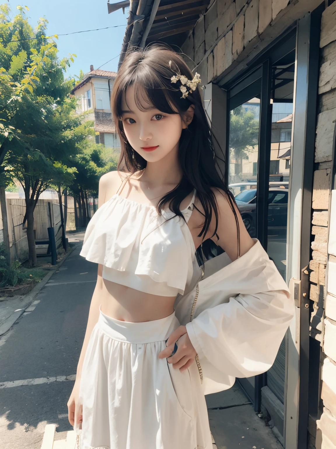 （8K，Best quality，tmasterpiece：1.2），（realistically，realistically，Photorealistic：1.37），2 girls，hyper-detailing，Beautiful details eyes Beautiful details nose，Short-sleeved sailor suit，Close-up of the upper body，Attractions，（（The stands up）），the roof，railing，Small town，pylons，telephone poles，a plant，Front lens