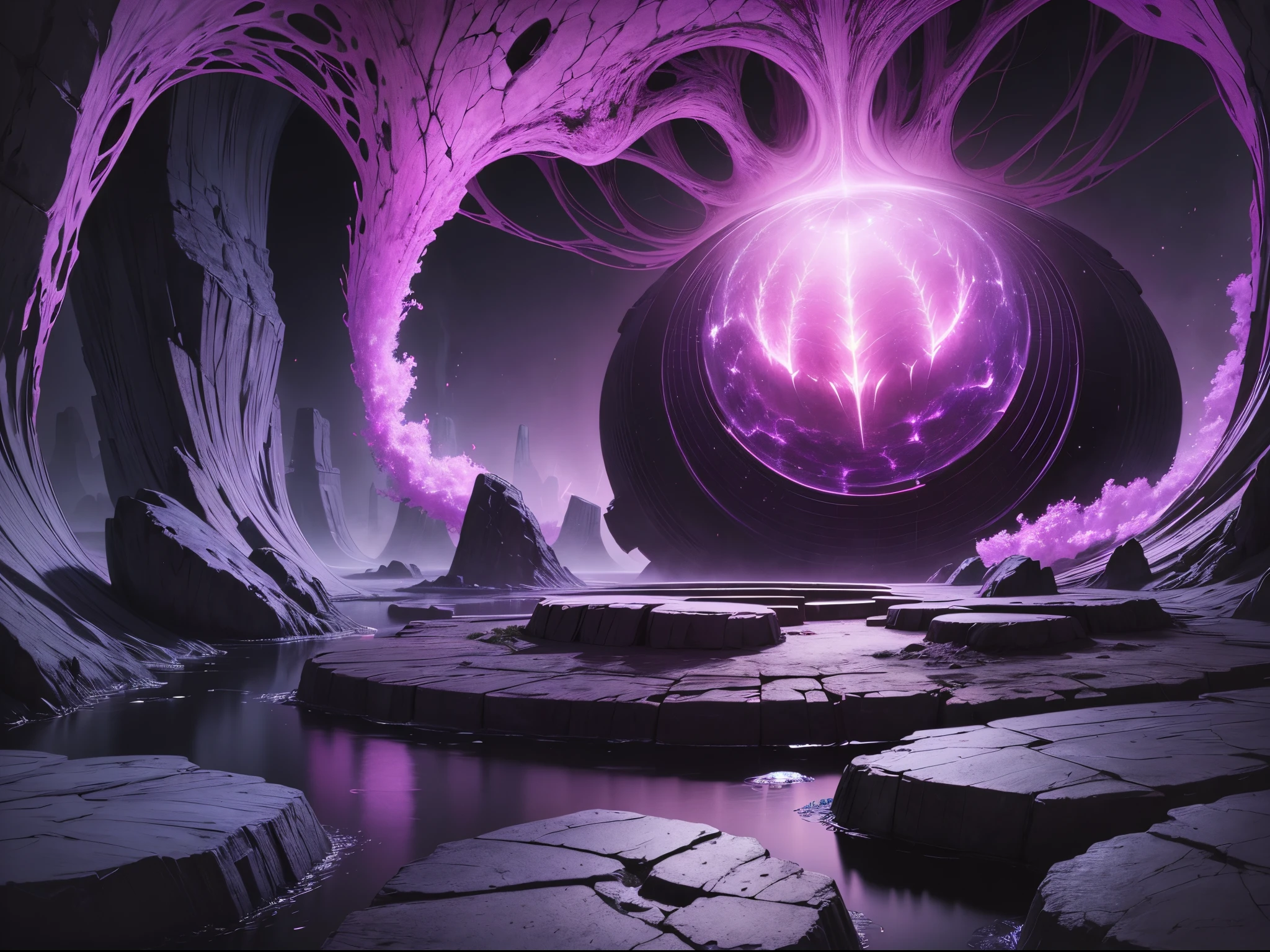 A bunch of large, purple crystals are sitting on top of a stone table. The table appears to be in some kind of ancient building or cave. The crystals are glowing with a purple light and casting a dark, evil aura around them. The details in the artwork are very intricate and the artwork looks like it was done in high resolution. The background of the artwork looks like a dark stone mine or underground cave. It's a beautiful artwork that could be used as a phone wallpaper or a featured image on a store website. The title of the artwork could be "Dark Crystal Mine." --auto --s2
